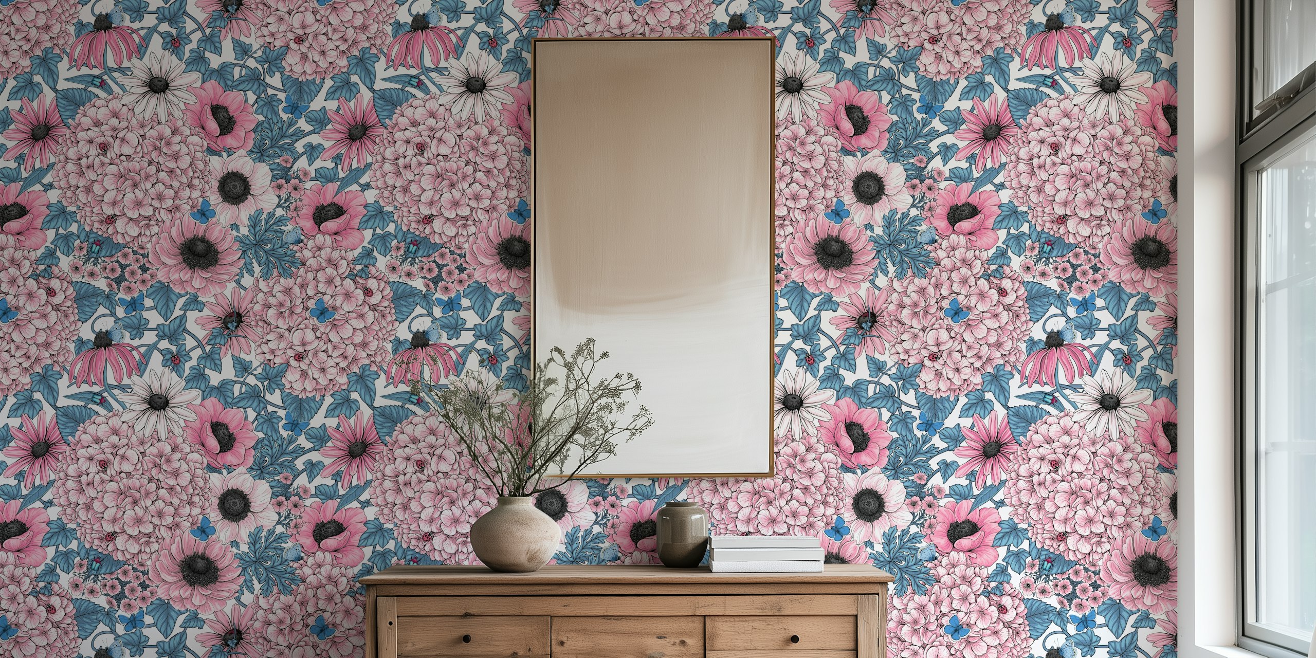 Bold garden florals in pink and blue Tapetdesign