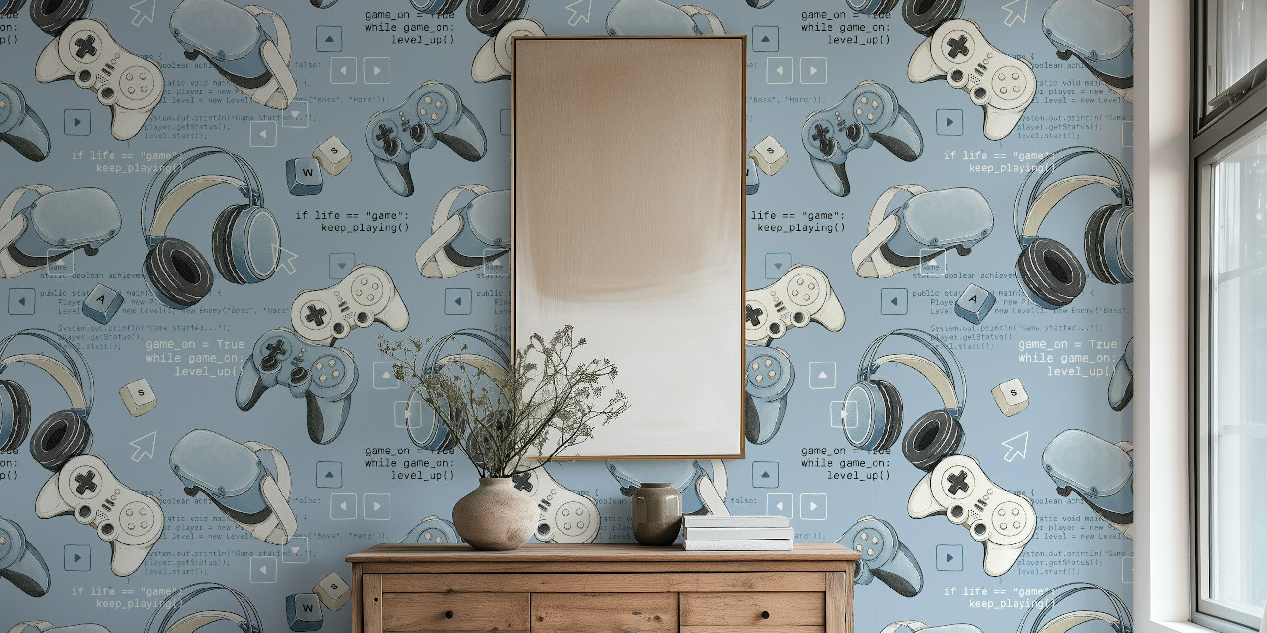 Gaming themed blue wallpaper in a room