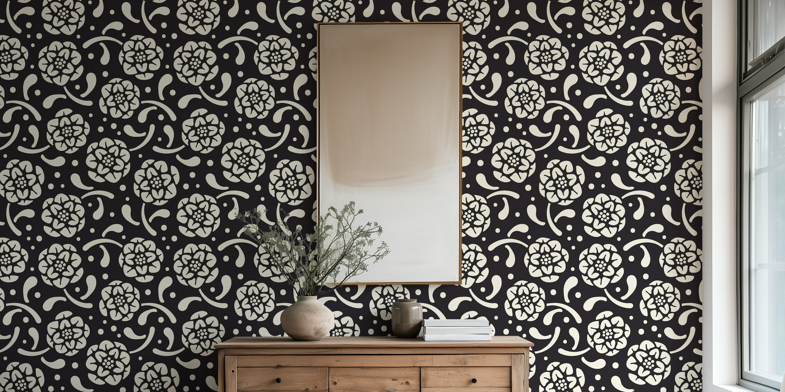 Dolce Block Print Style Retro Floral Black tapet i rummet
