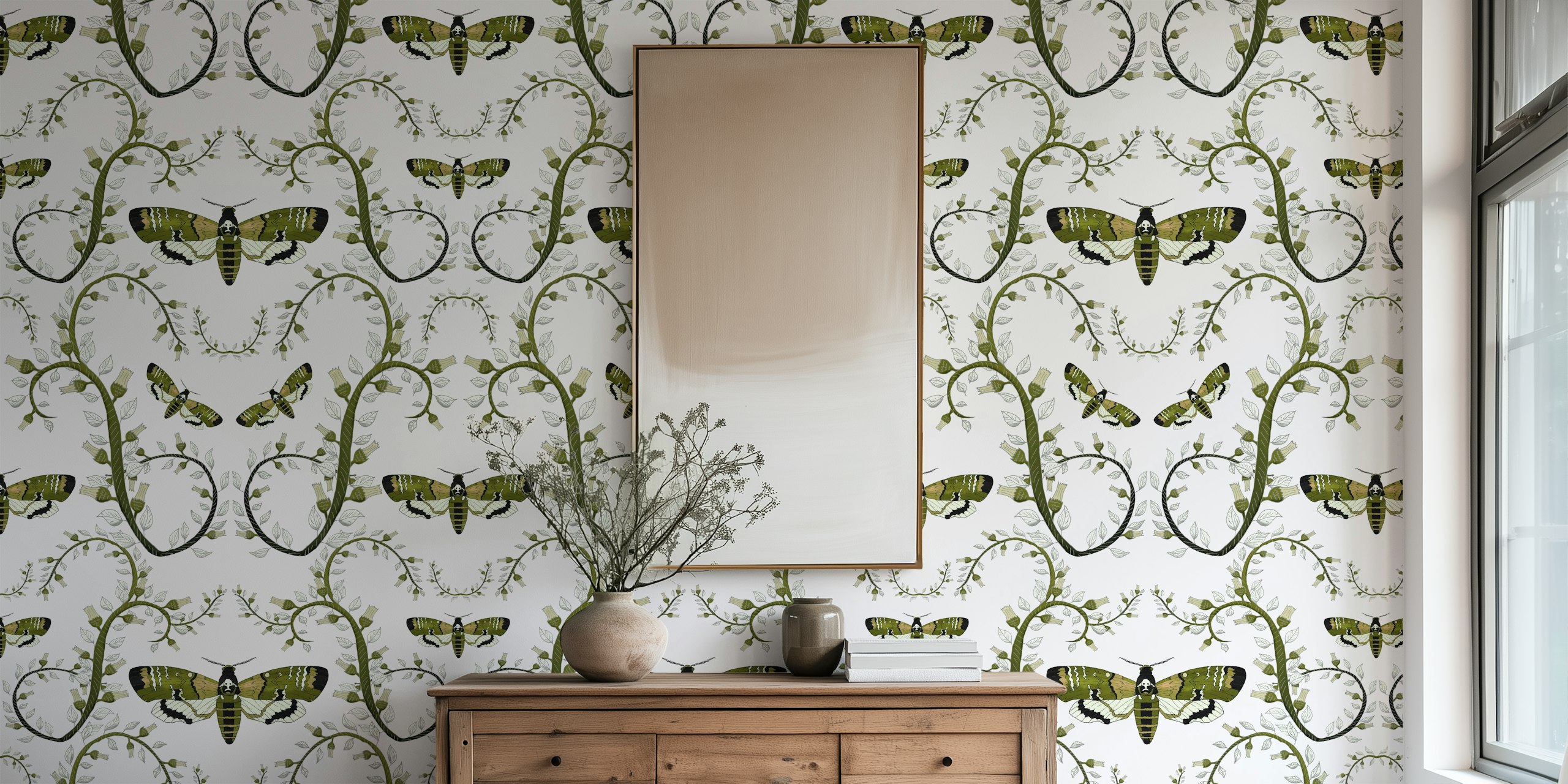 Gothic Moth Vines Pearl Green wallpaper in room