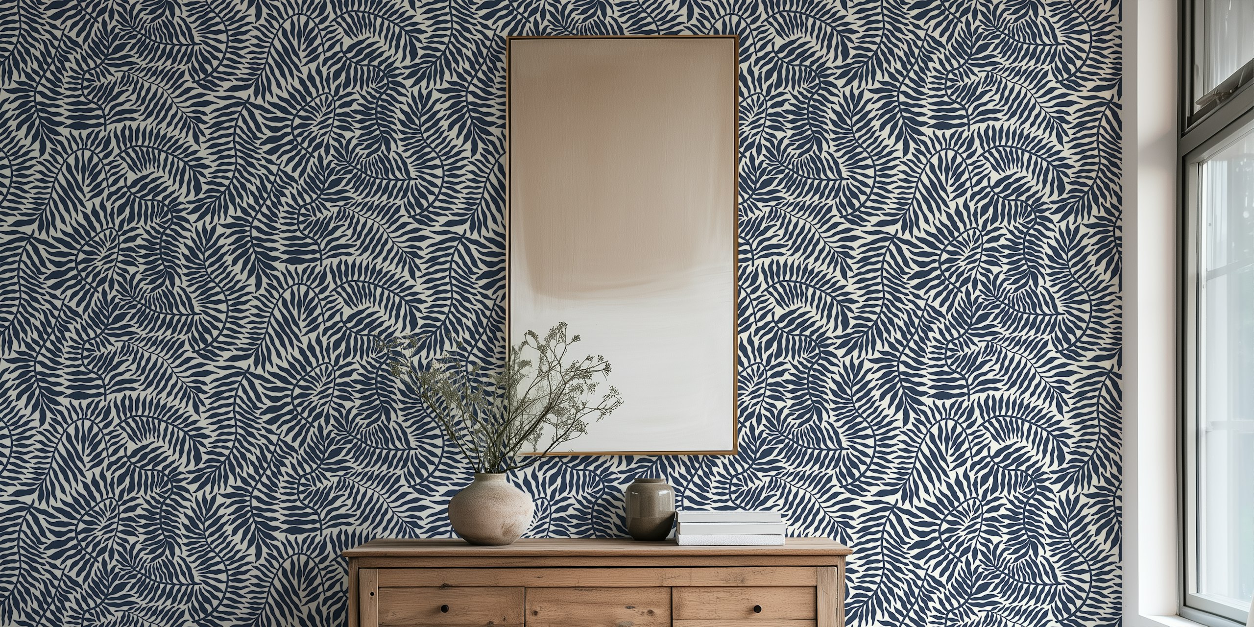 Tapeta Dark Navy Blue Ferns w pokoju