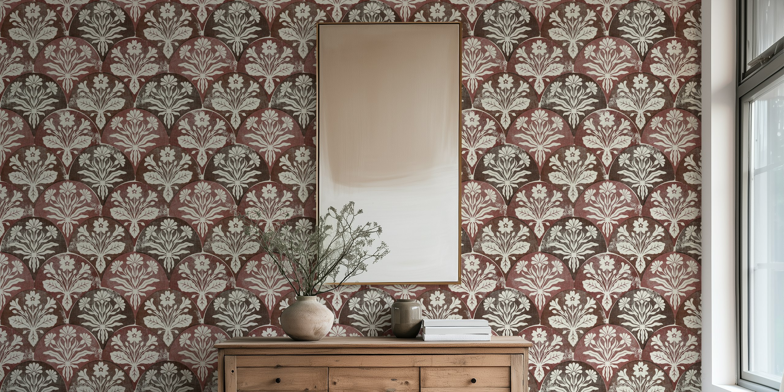 Floral patterns in wine red and cream on art deco wallpaper