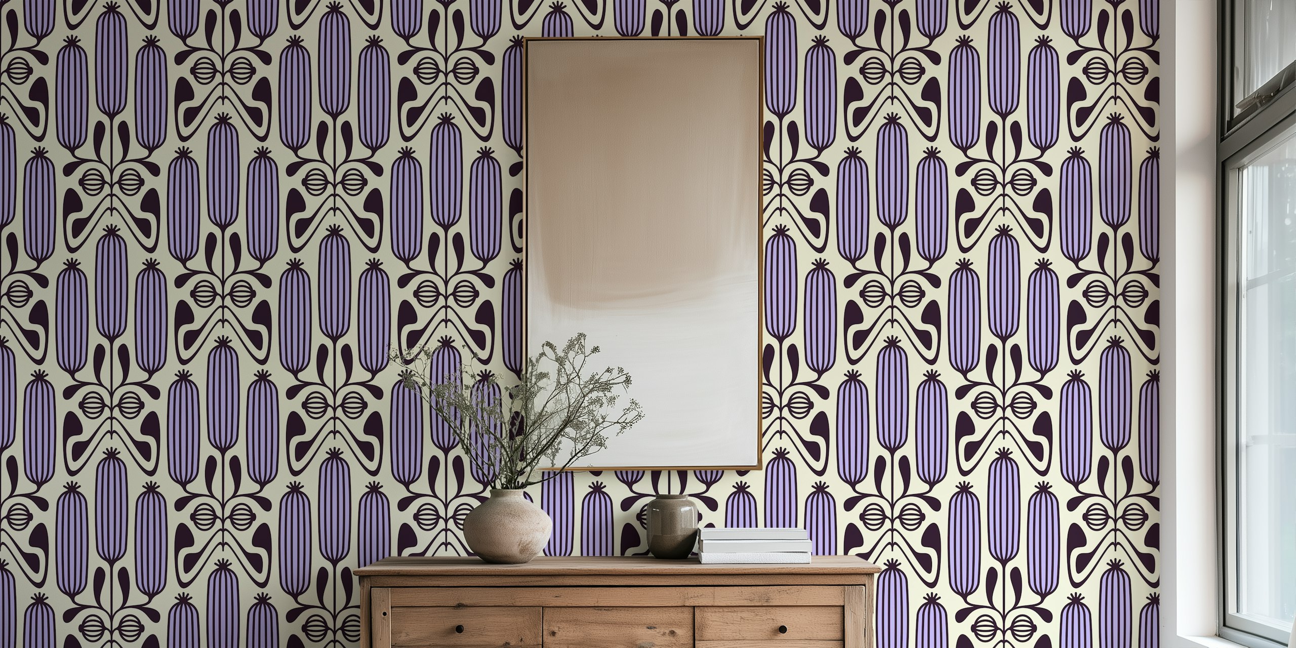 Ornate Floral Cucumbers in Purple wallpaper in a room