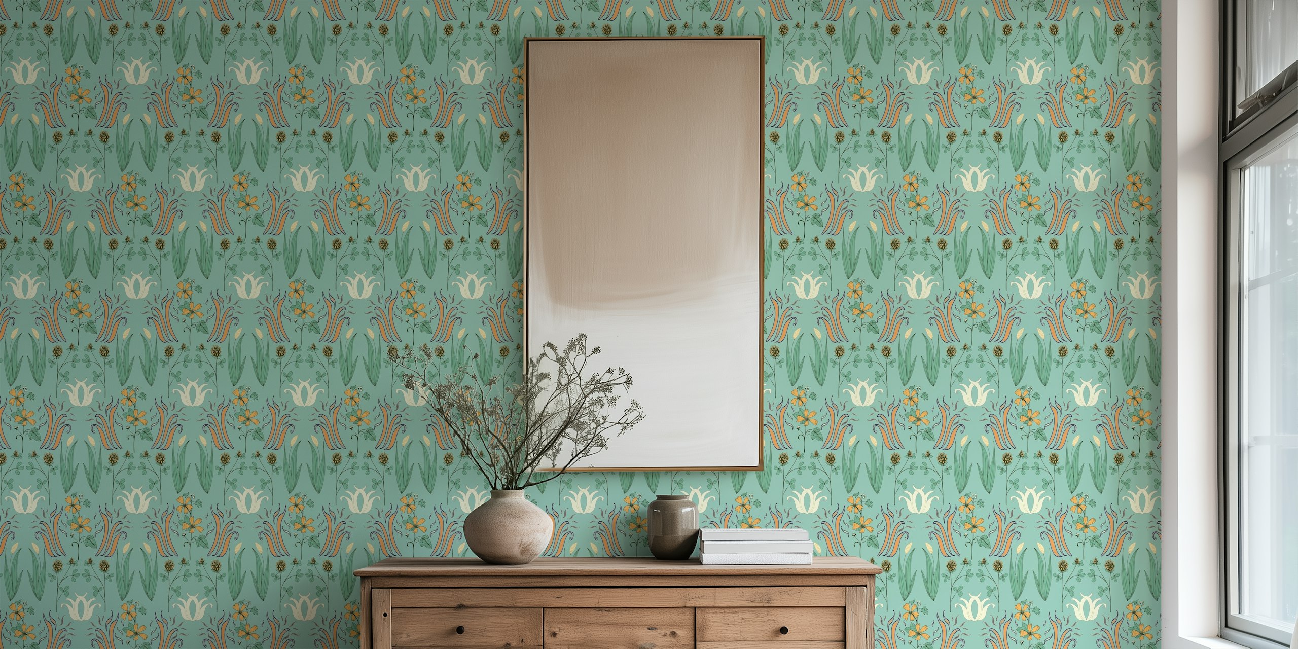 Vintage floral green wallpaper with stylized flowers and leaves in soft pastel colors
