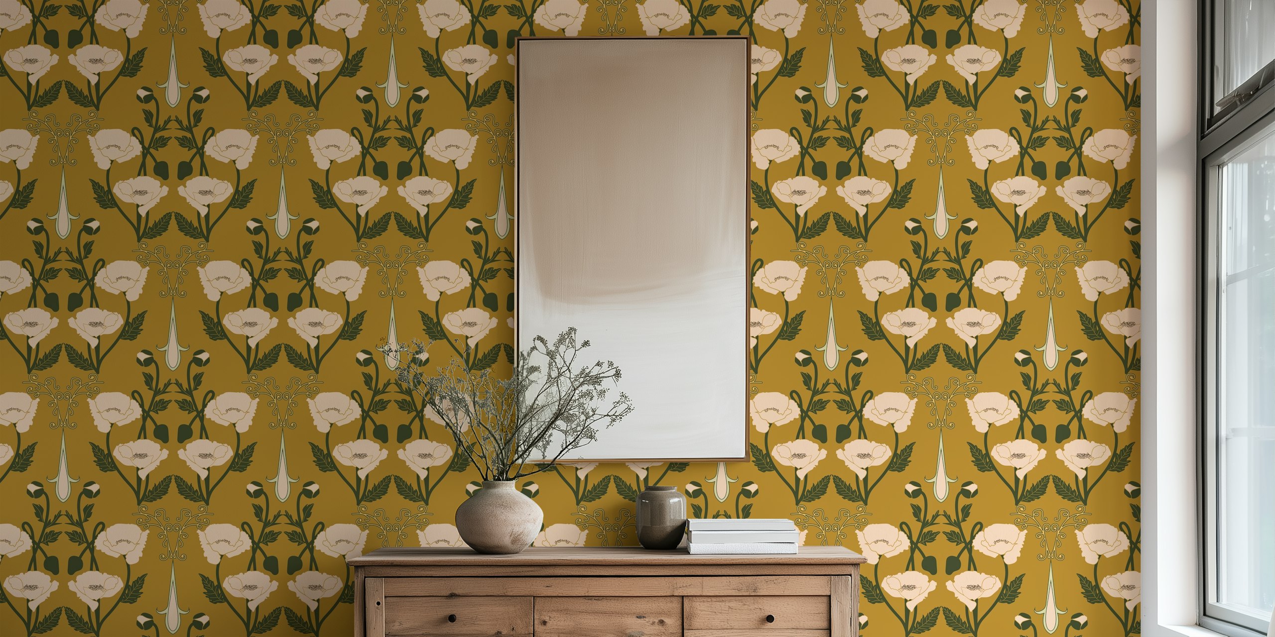Art nouveau poppies wallpaper in a room setup