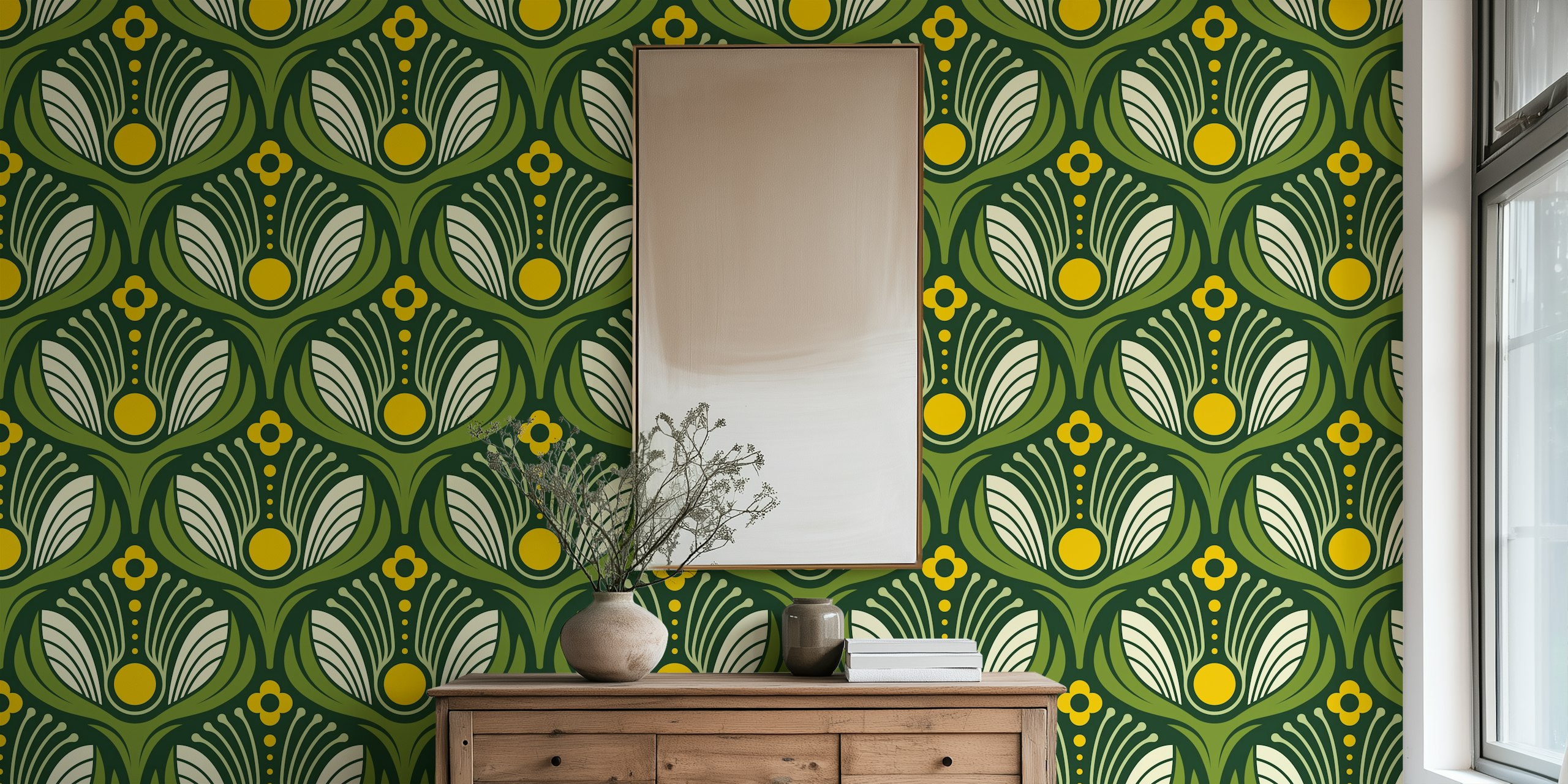 Art deco floral patterns in green and yellow wallpaper