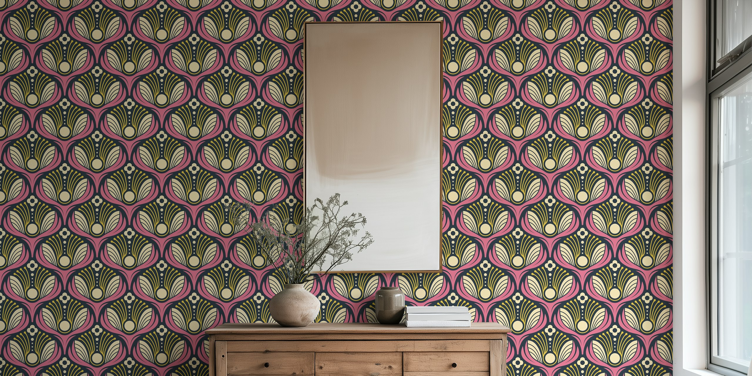 Art Deco Floral in Pink wallpaper in a room