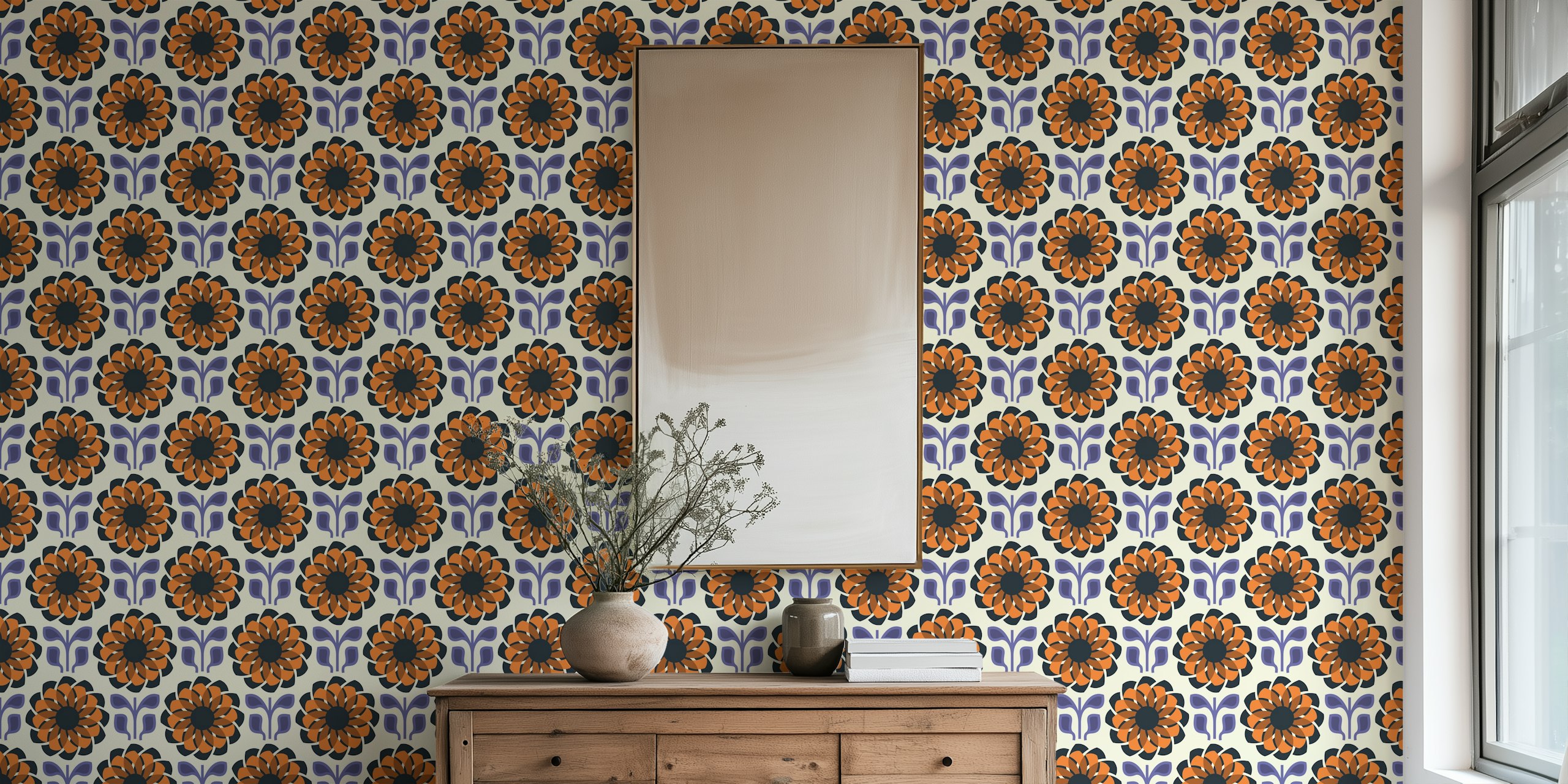 Geometric Flower Fusion in Brown Green - S tapeta v pokoji
