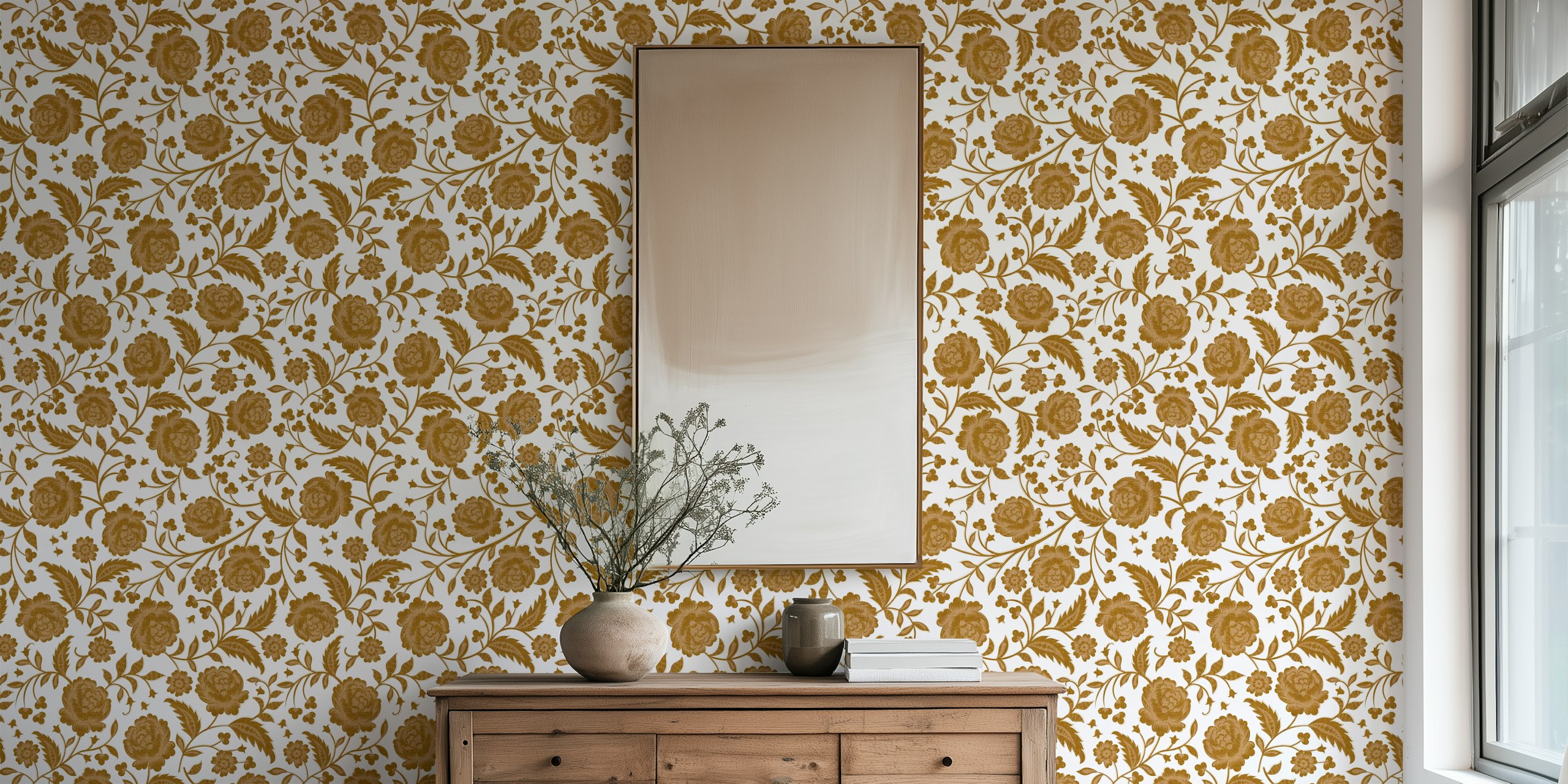 Romantic Rococo Ornate Chintz Floral Gold tapetti huoneessa