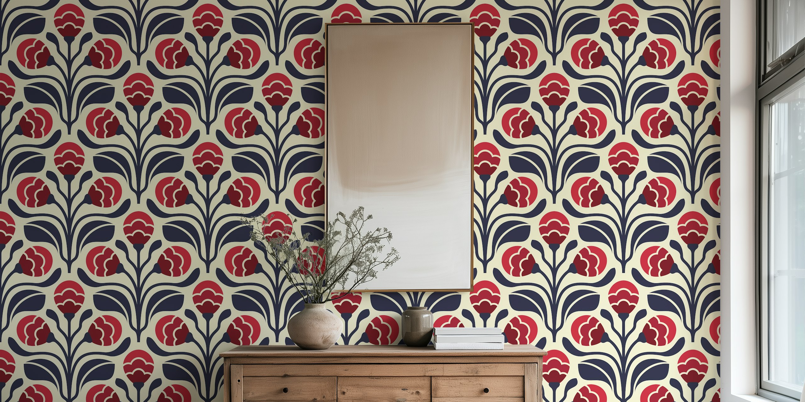Retro Floral Buds in Red wallpaper in a room