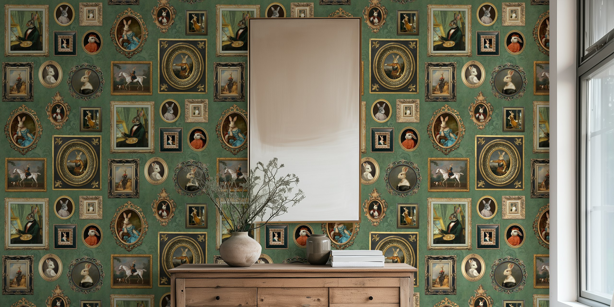 Sage green wallpaper s Noble Bunnies Portrait Collection
