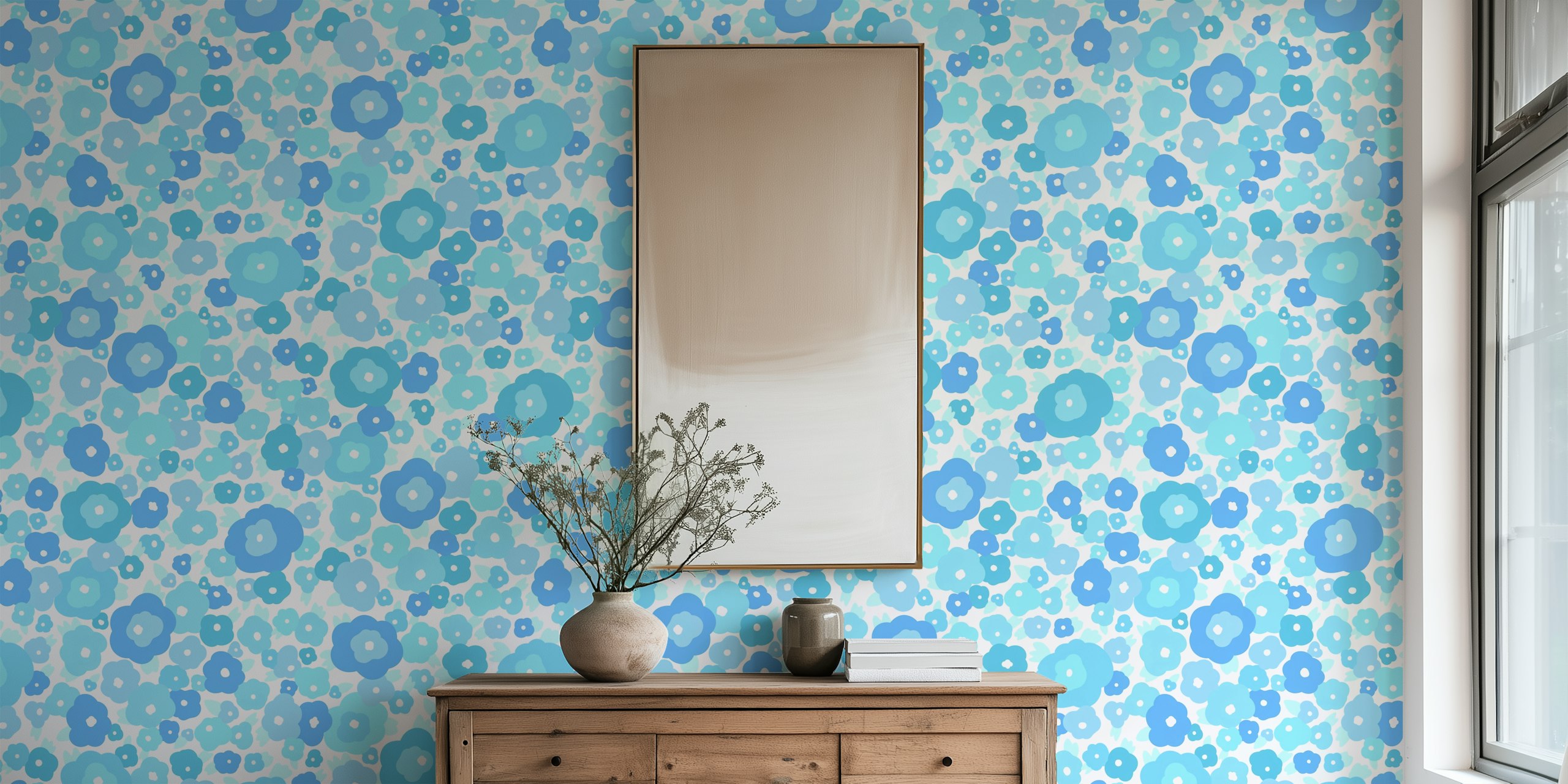 Ταπετσαρία Retro abstract blue flowers σε ένα δωμάτιο