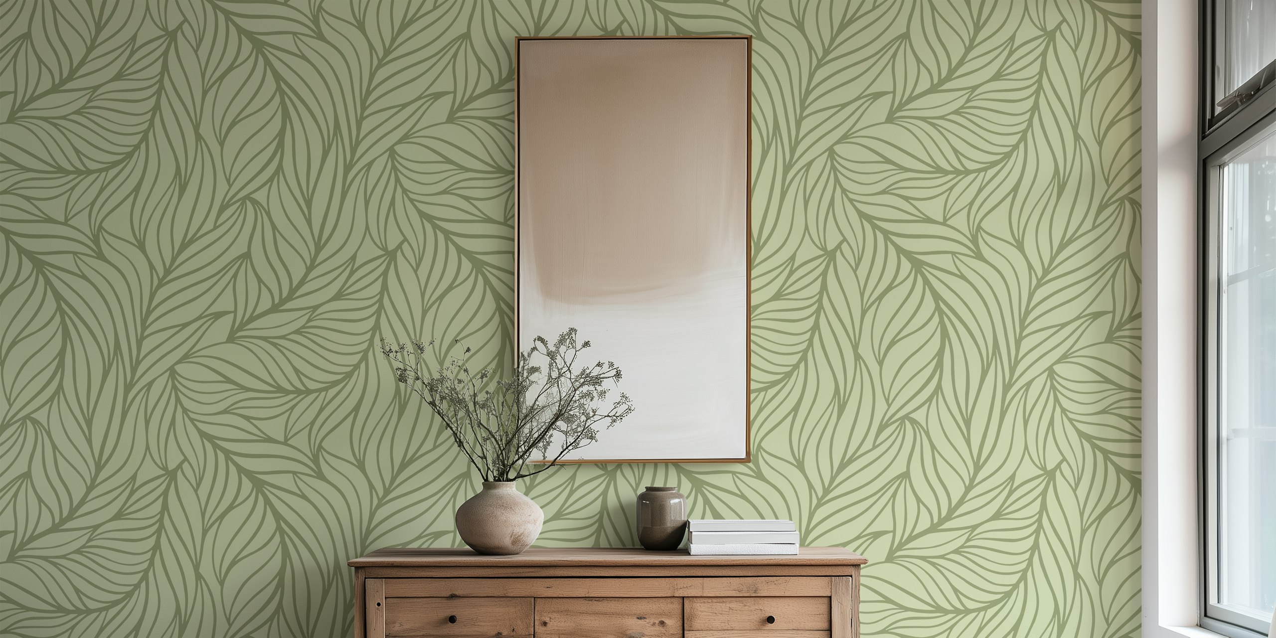 Leaves pattern in pistachio green color minimalist wallpaper