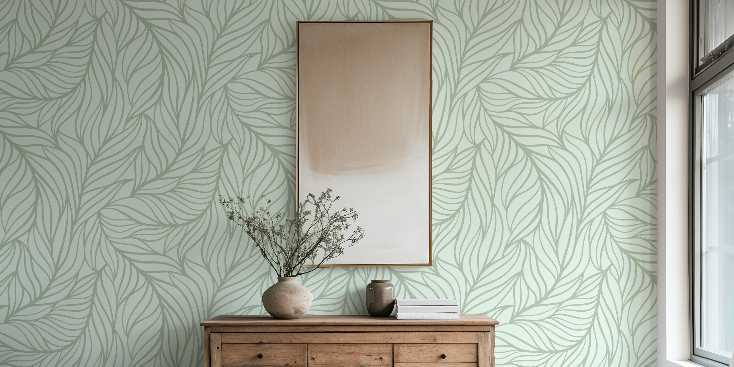 Sage green minimalist flowing leaves wallpaper