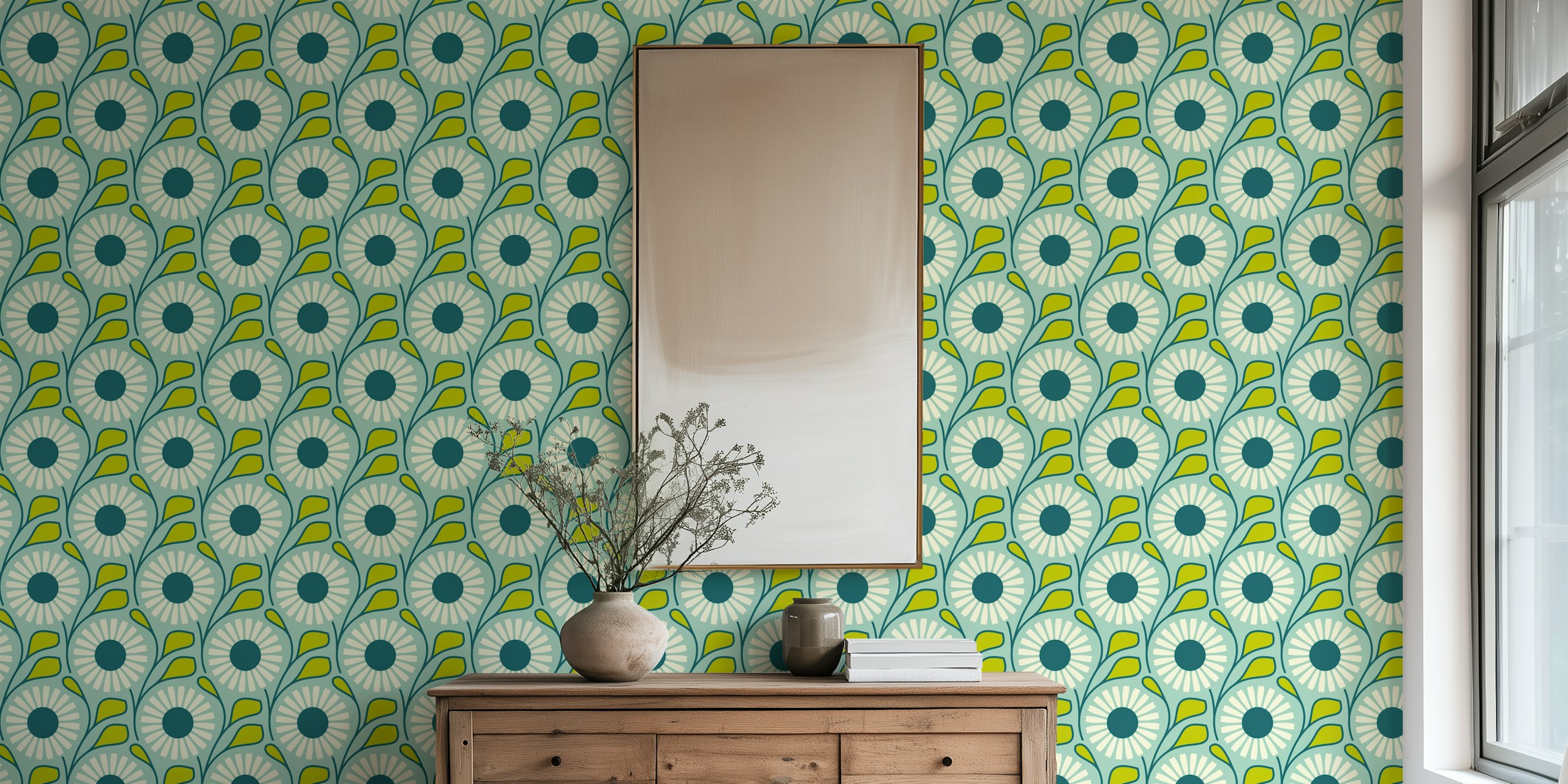 Teal green wallpaper featuring white daisies and green leaves in retro style