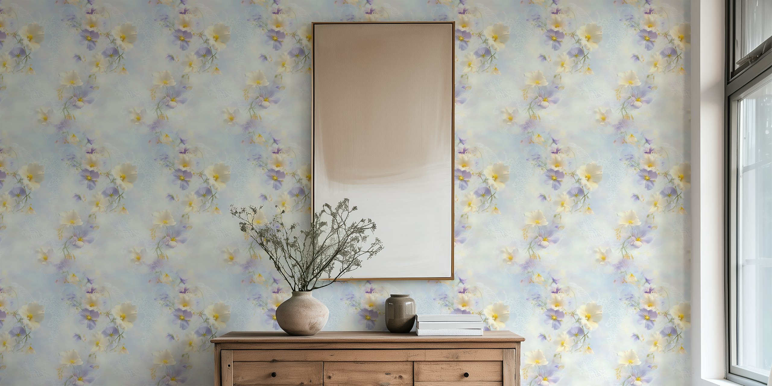 Pastel floral design with soft blossoms and delicate lace wallpaper