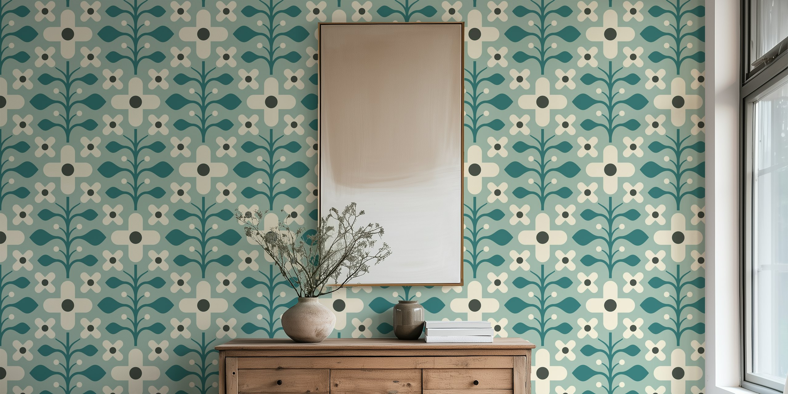 Geometric Flower Harmony in Teal papier peint dans une pièce