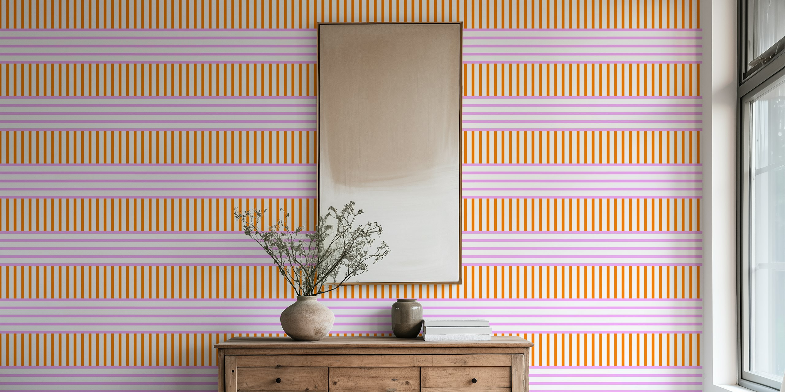 Coral and pink stripes wallpaper design with horizontal and vertical patterns