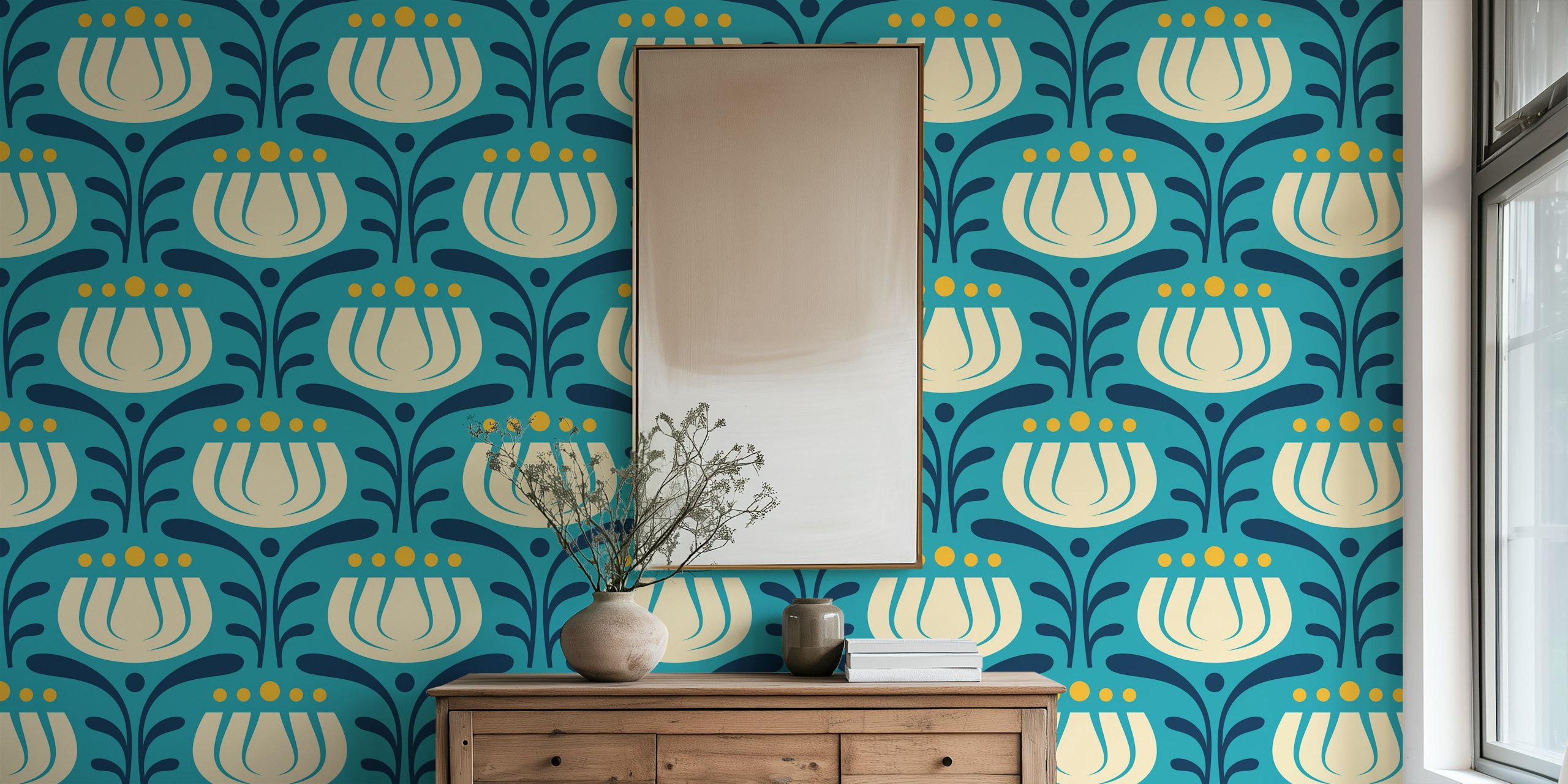 Stylish Vintage Tulips in Blue - L in een kamer