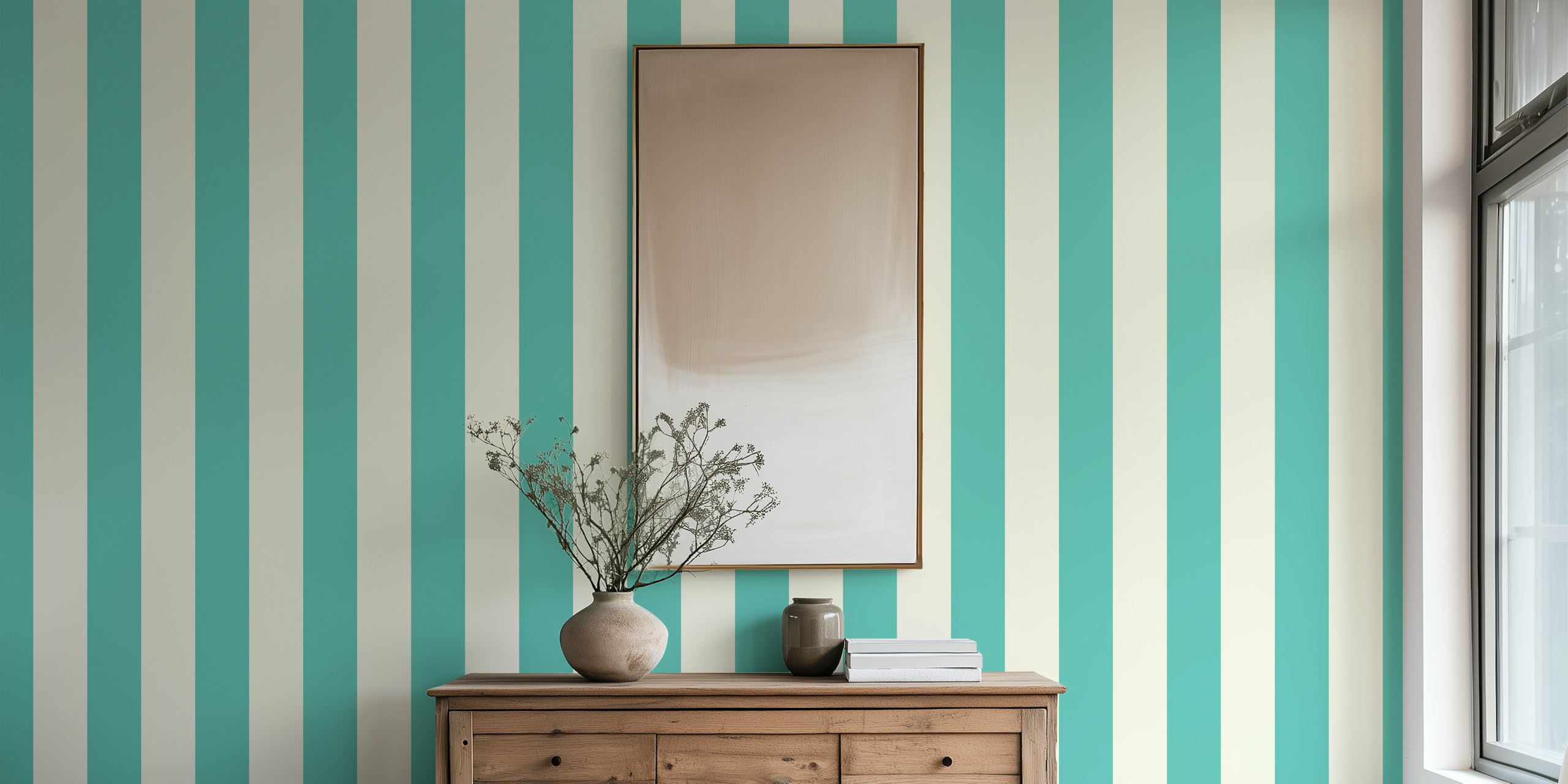 Cream og teal awning stripe tapet i et rom