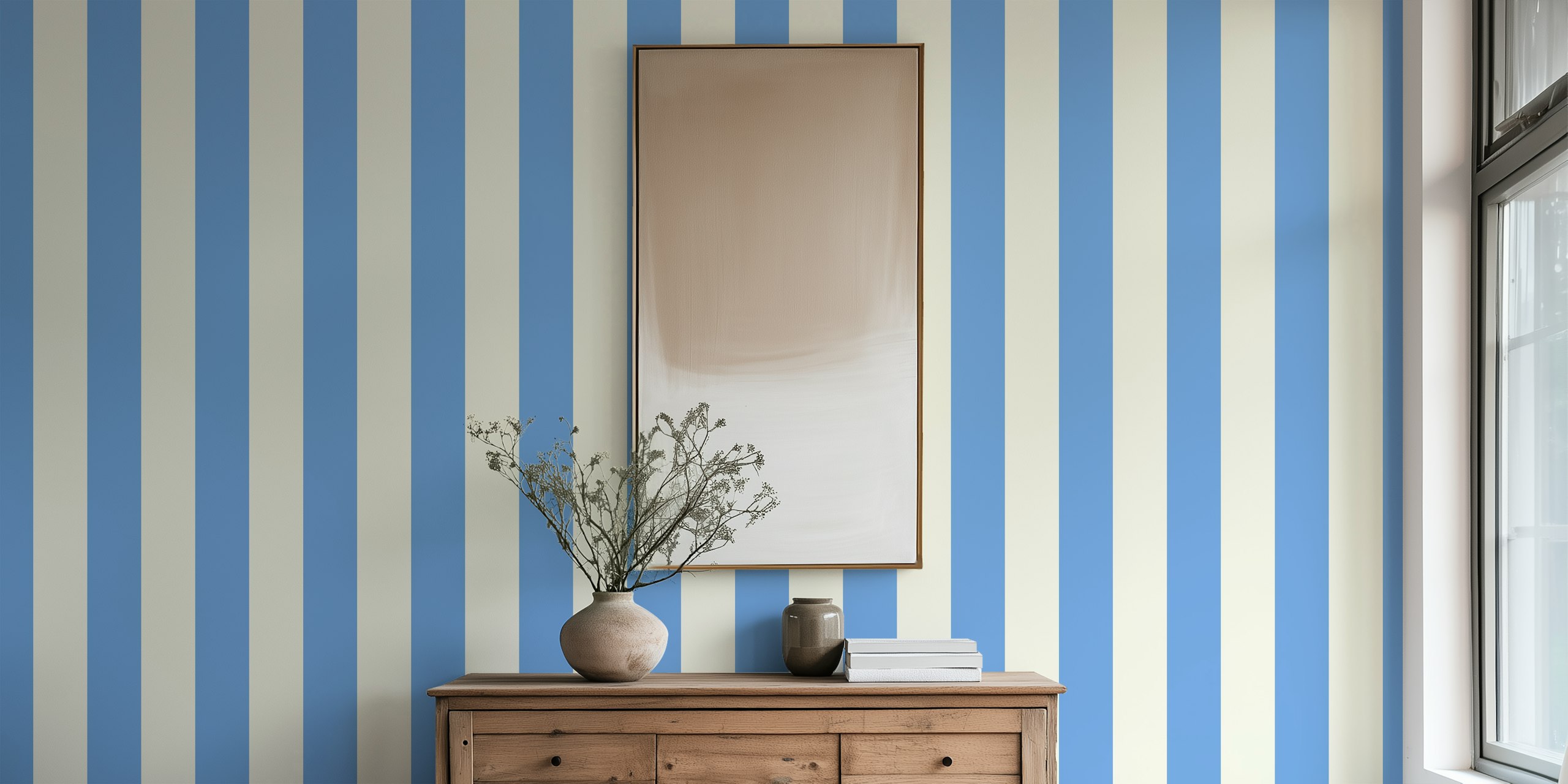 Blue and cream awning stripe wallpaper in a room