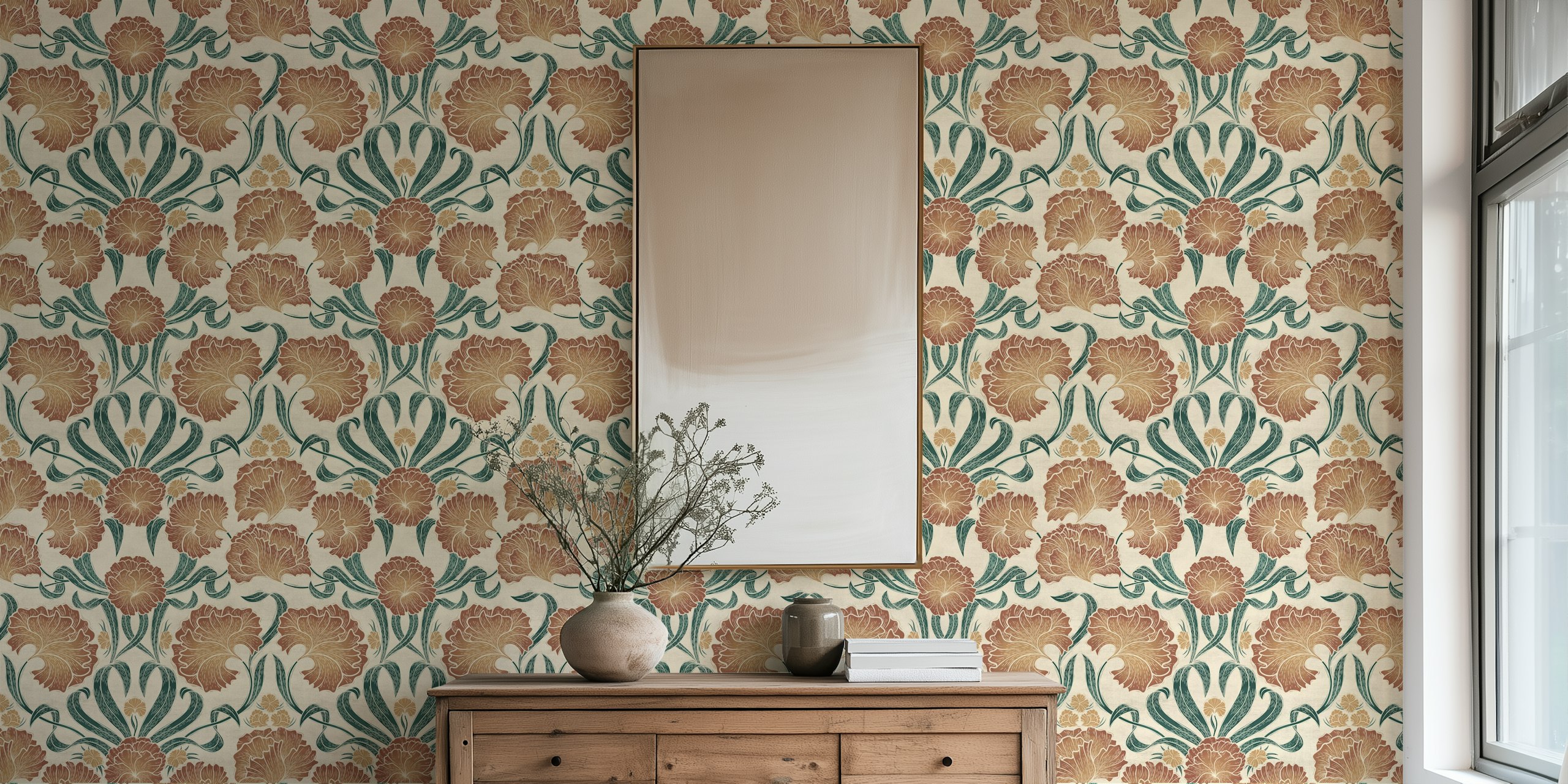 Block Print Antique Botanical Art wallpaper in room
