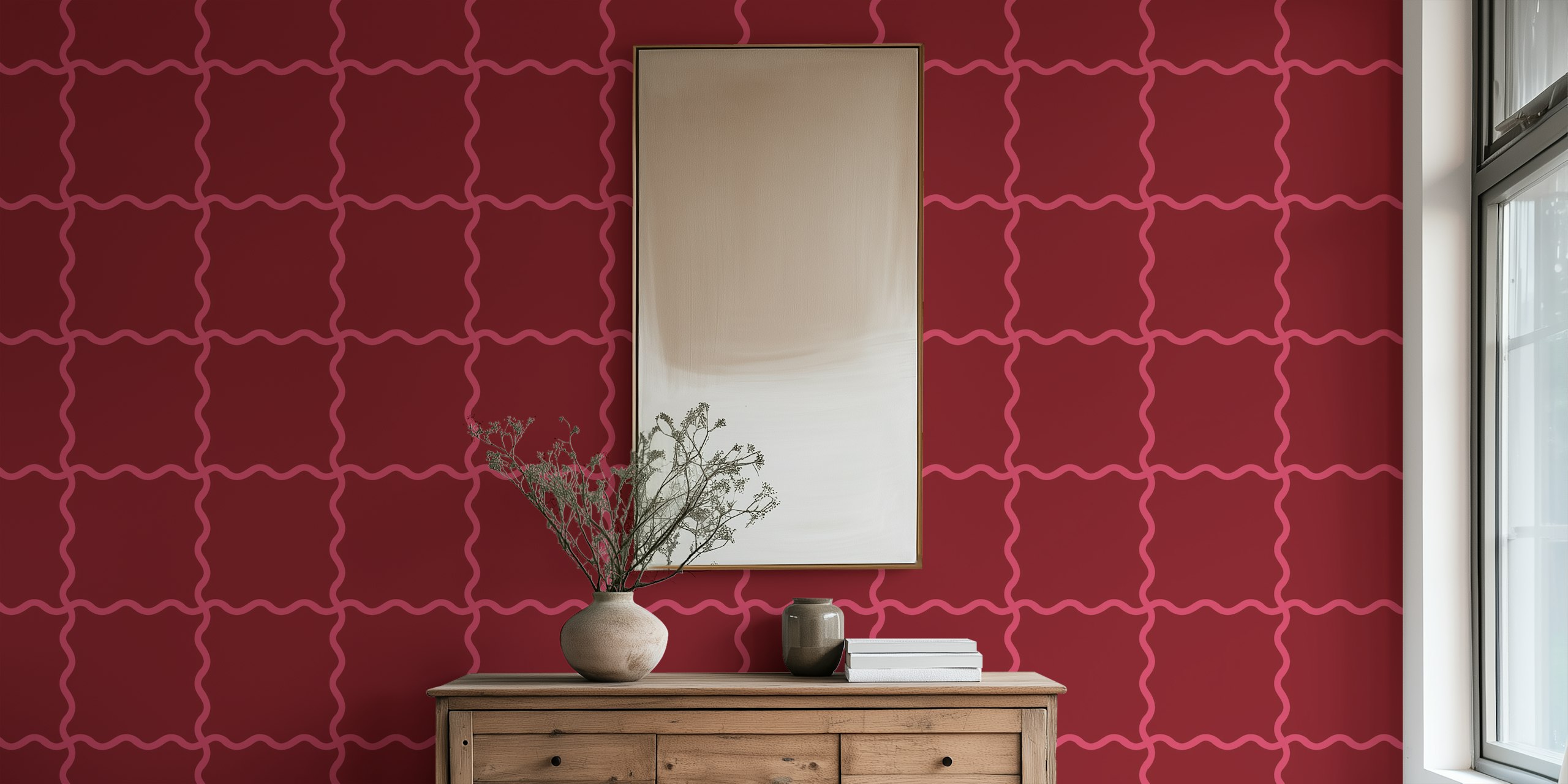 Wavy Checker Cherry wallpaper in a room