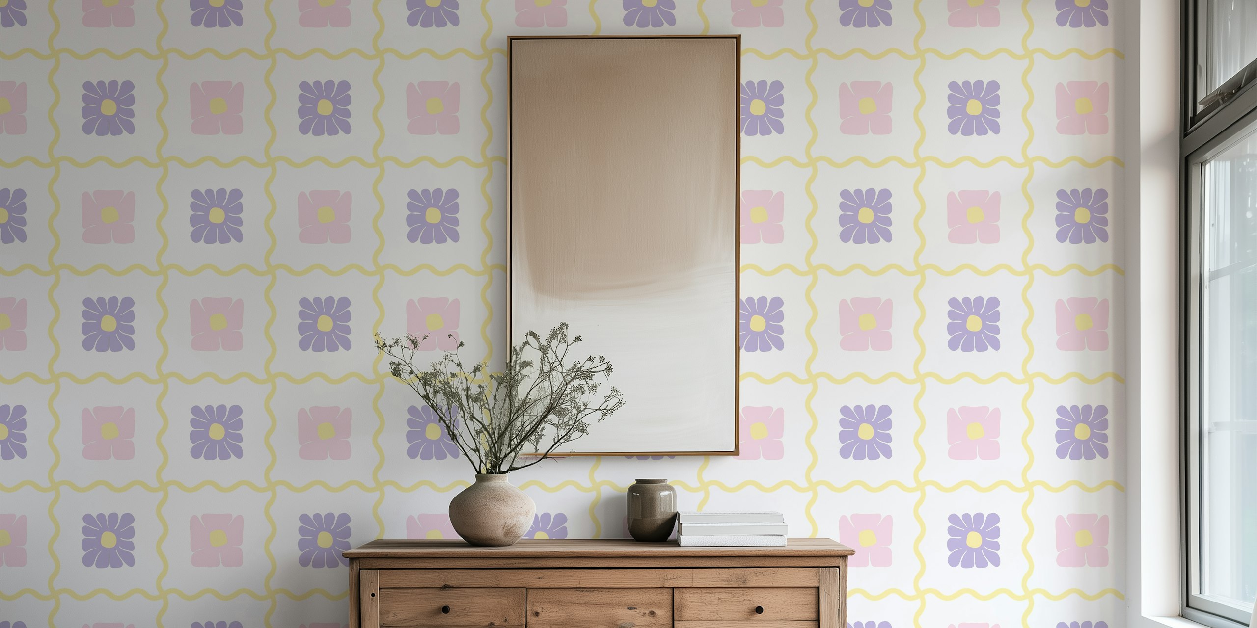 Pastel floral checkerboard pattern in soft colors wallpaper