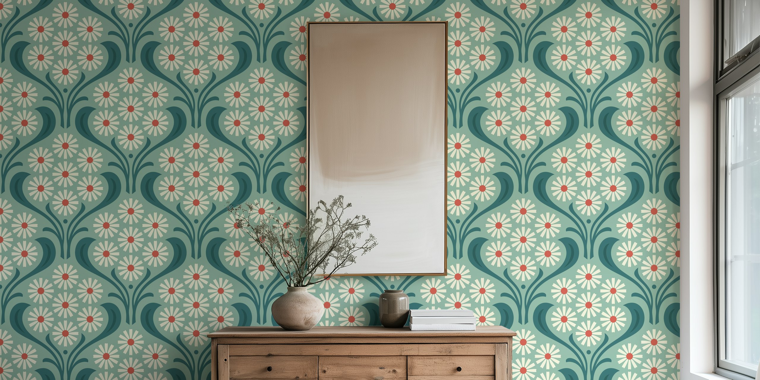 Turquoise floral daisy wallpaper with white petals and red centers
