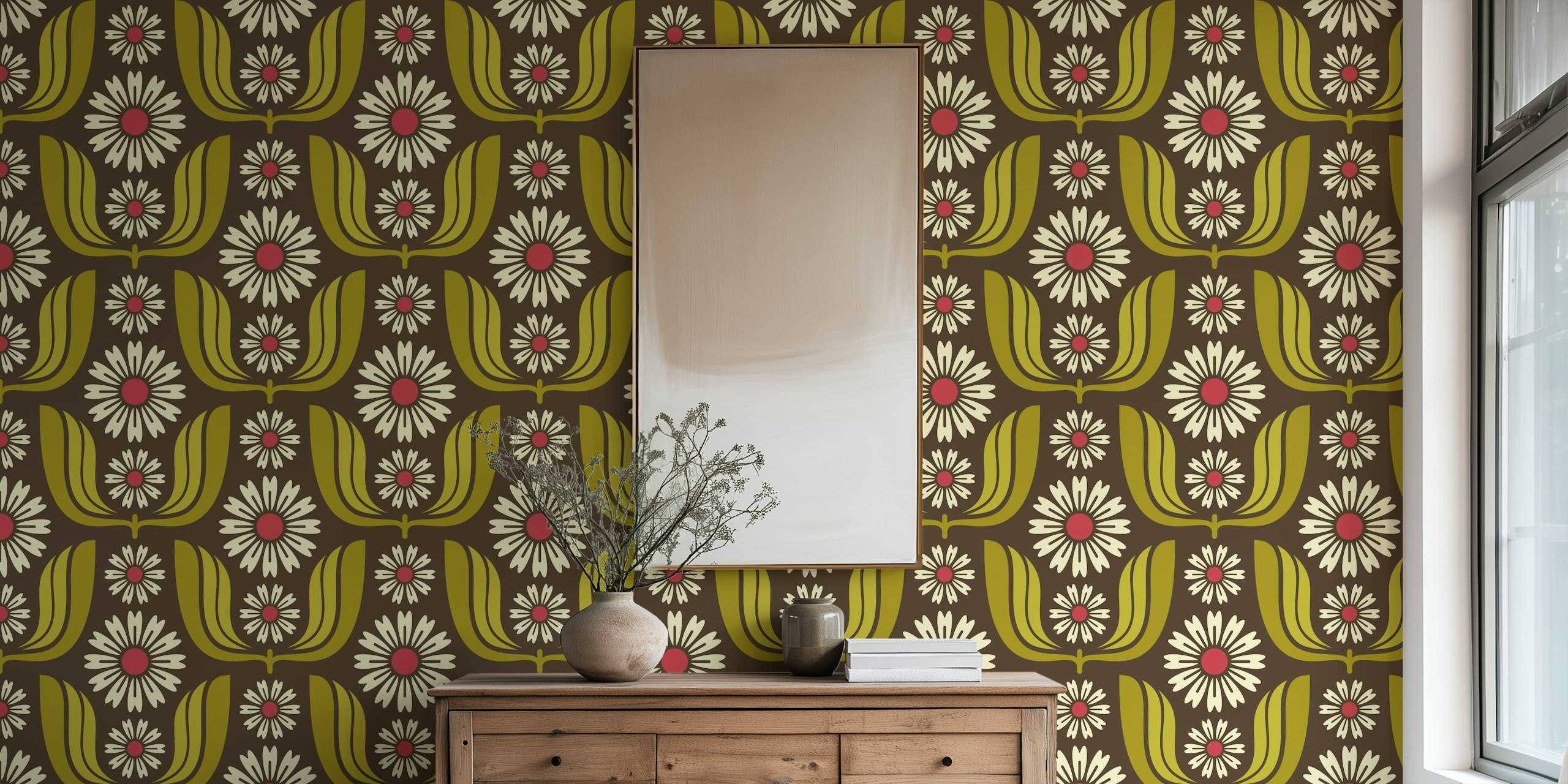 Daisy Bloom Harmony in Green wallpaper in a room