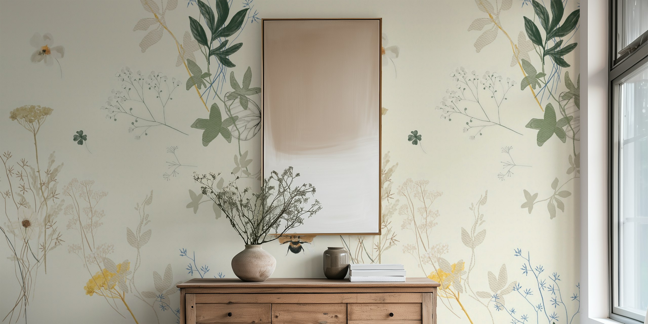 Delicate floral and butterfly pattern in muted tones wallpaper
