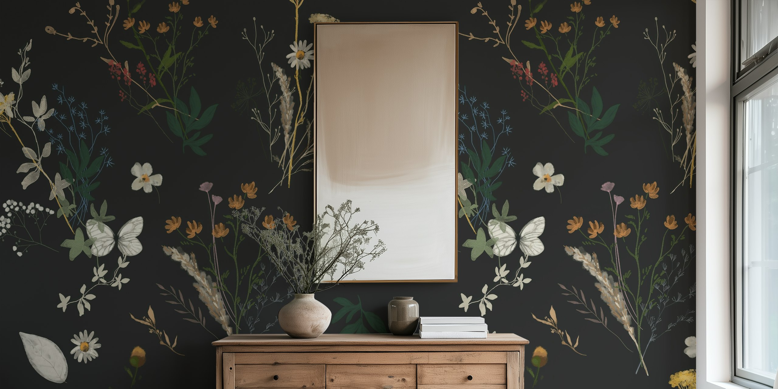Dark Wildflower Pattern wallpaper in a room