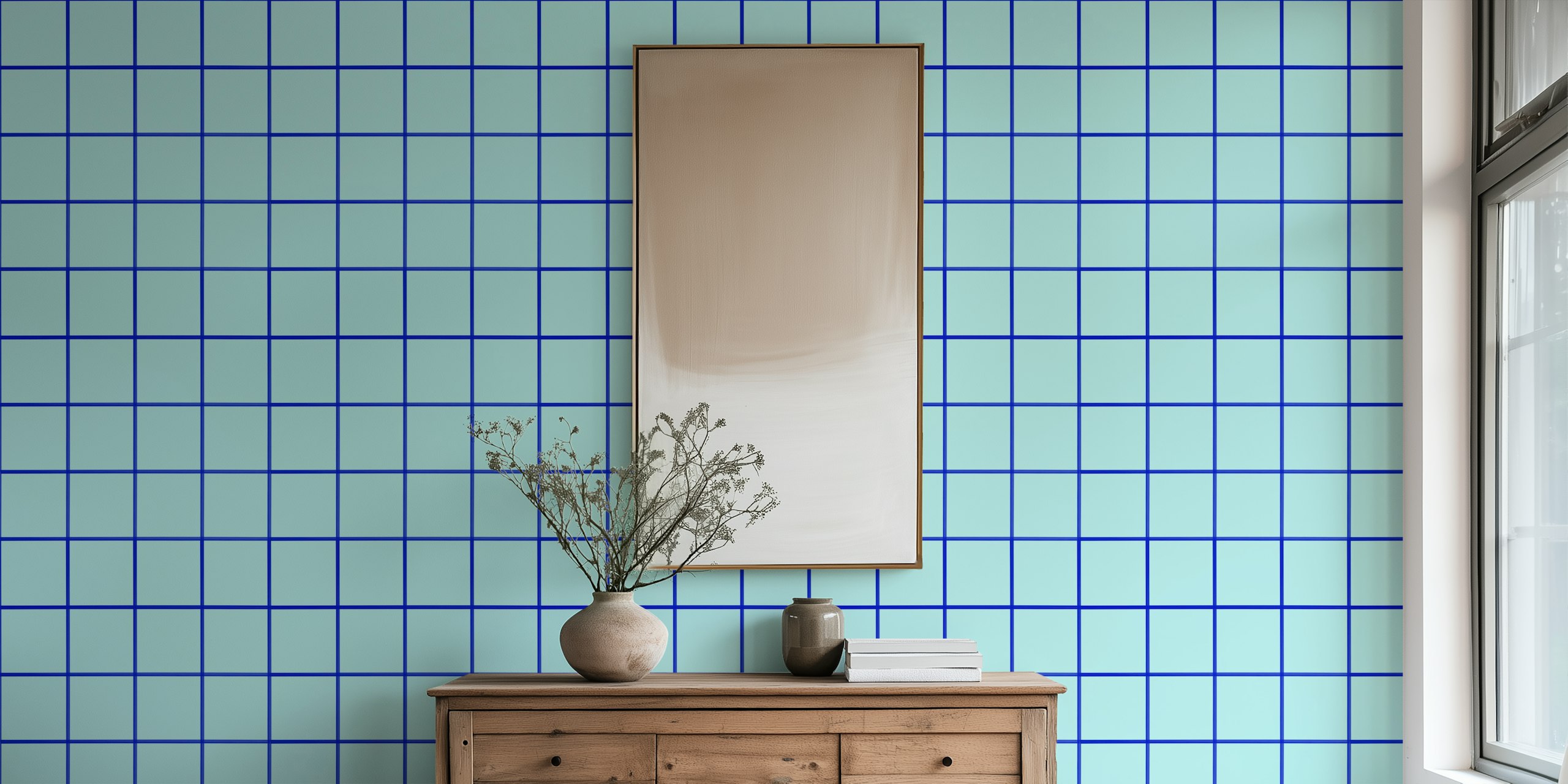 Light mint blue grouted tiles wallpaper in a room