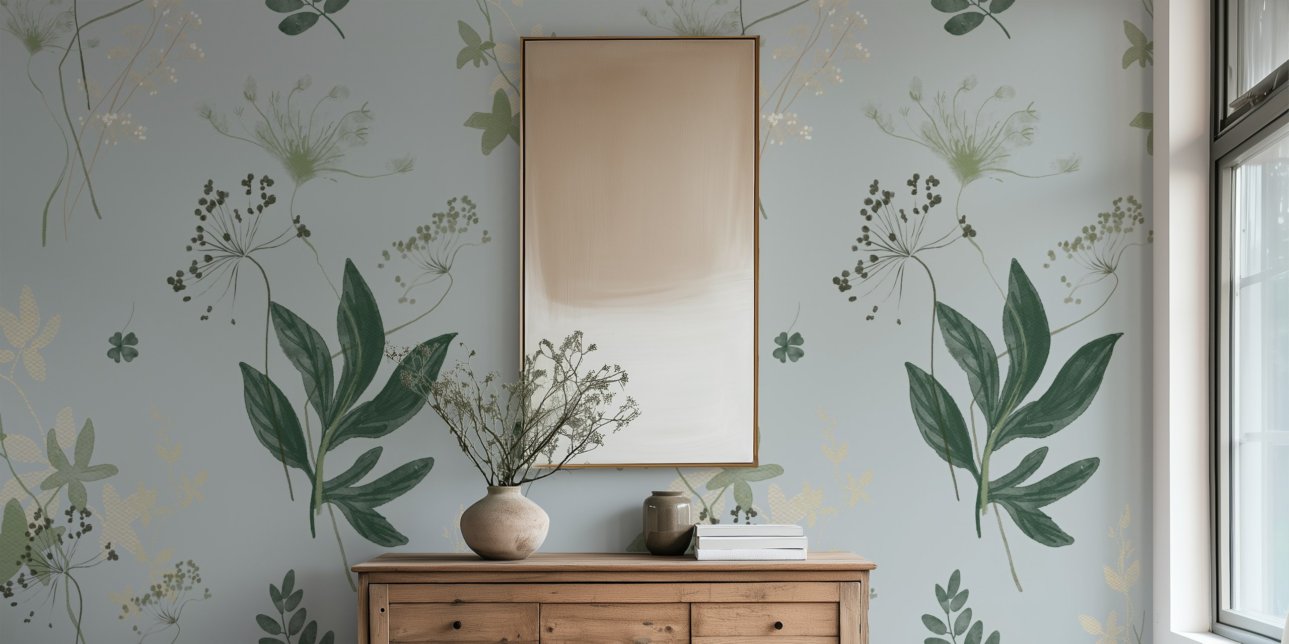 Botanical green leaves and flowers on soft gray wallpaper
