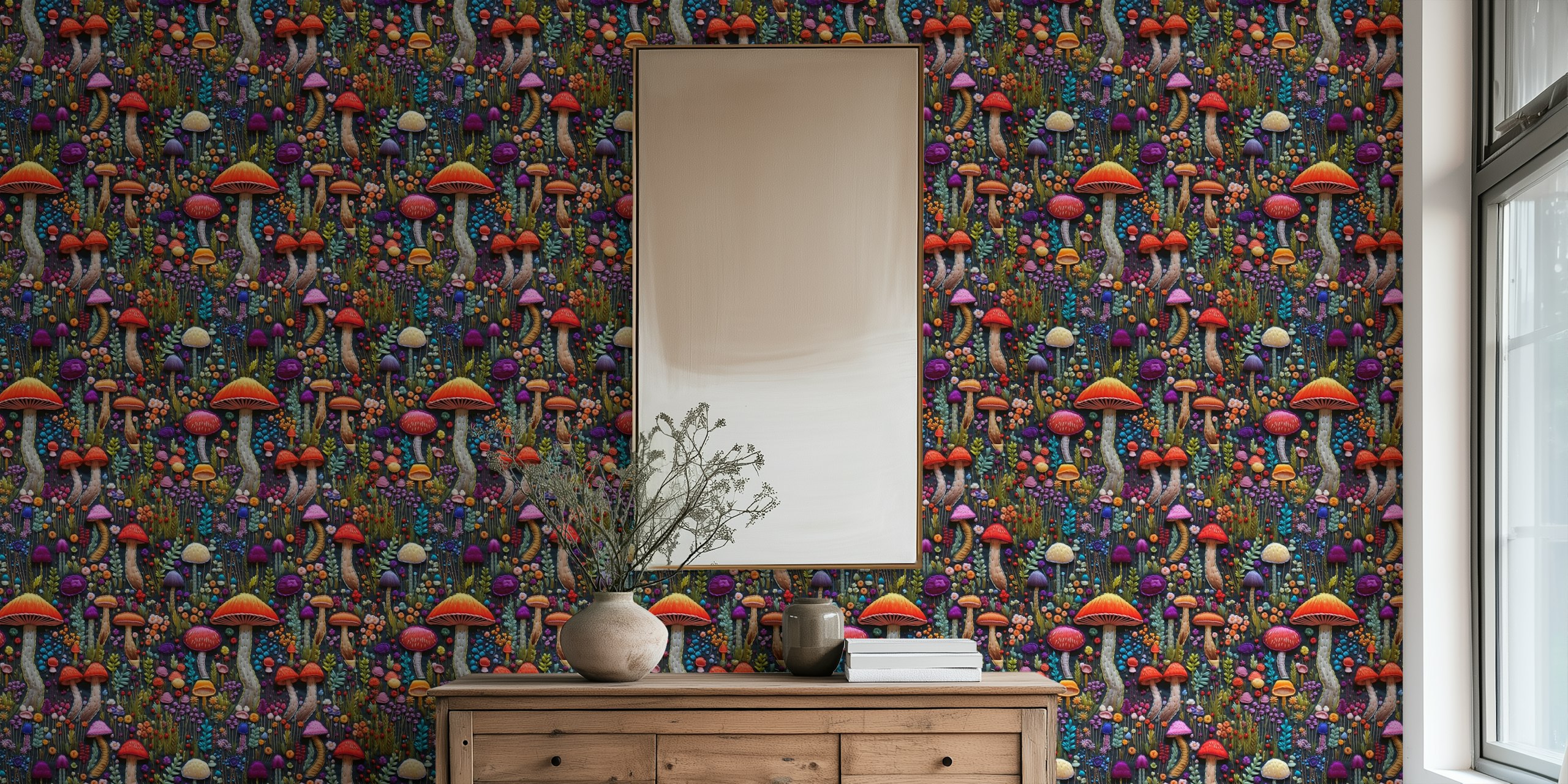 Colorful Fantasy Fungi wallpaper in a room