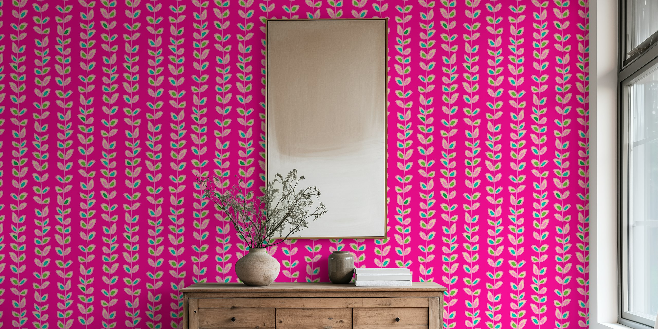 Ταπετσαρία Climbing Vines Stripe Retro Leaves Fuchsia στο δωμάτιο