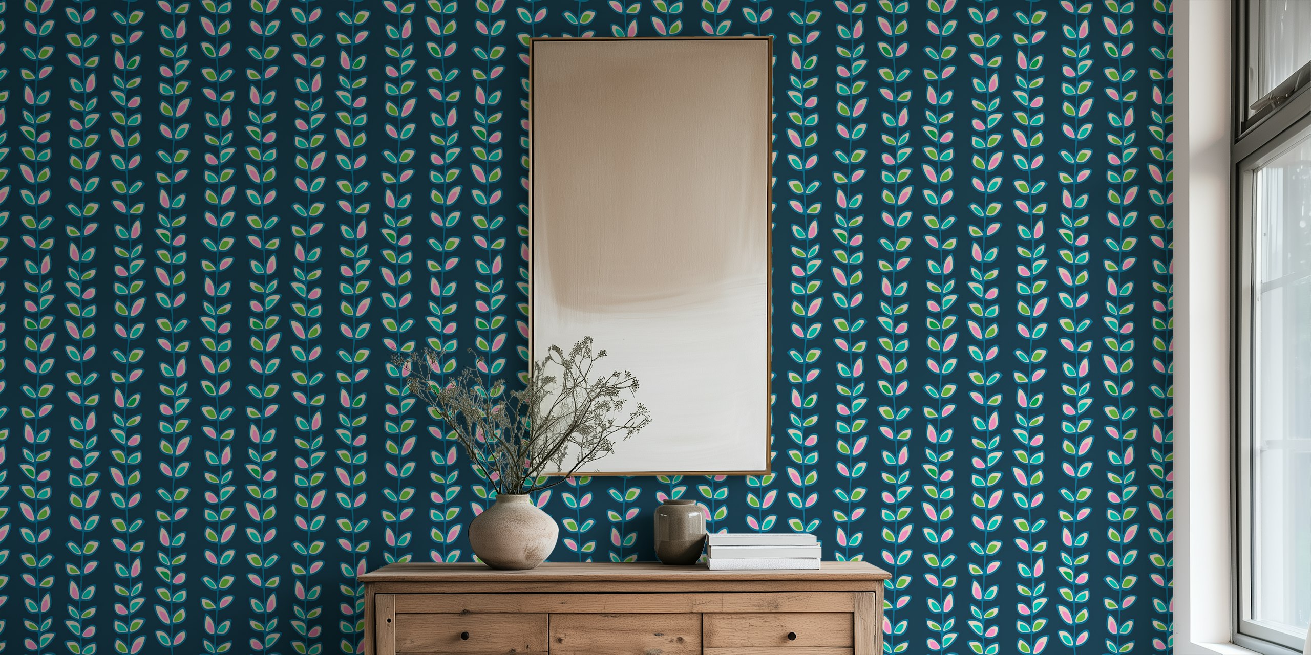 Climbing Vines Stripe Retro Leaves wallpaper in room
