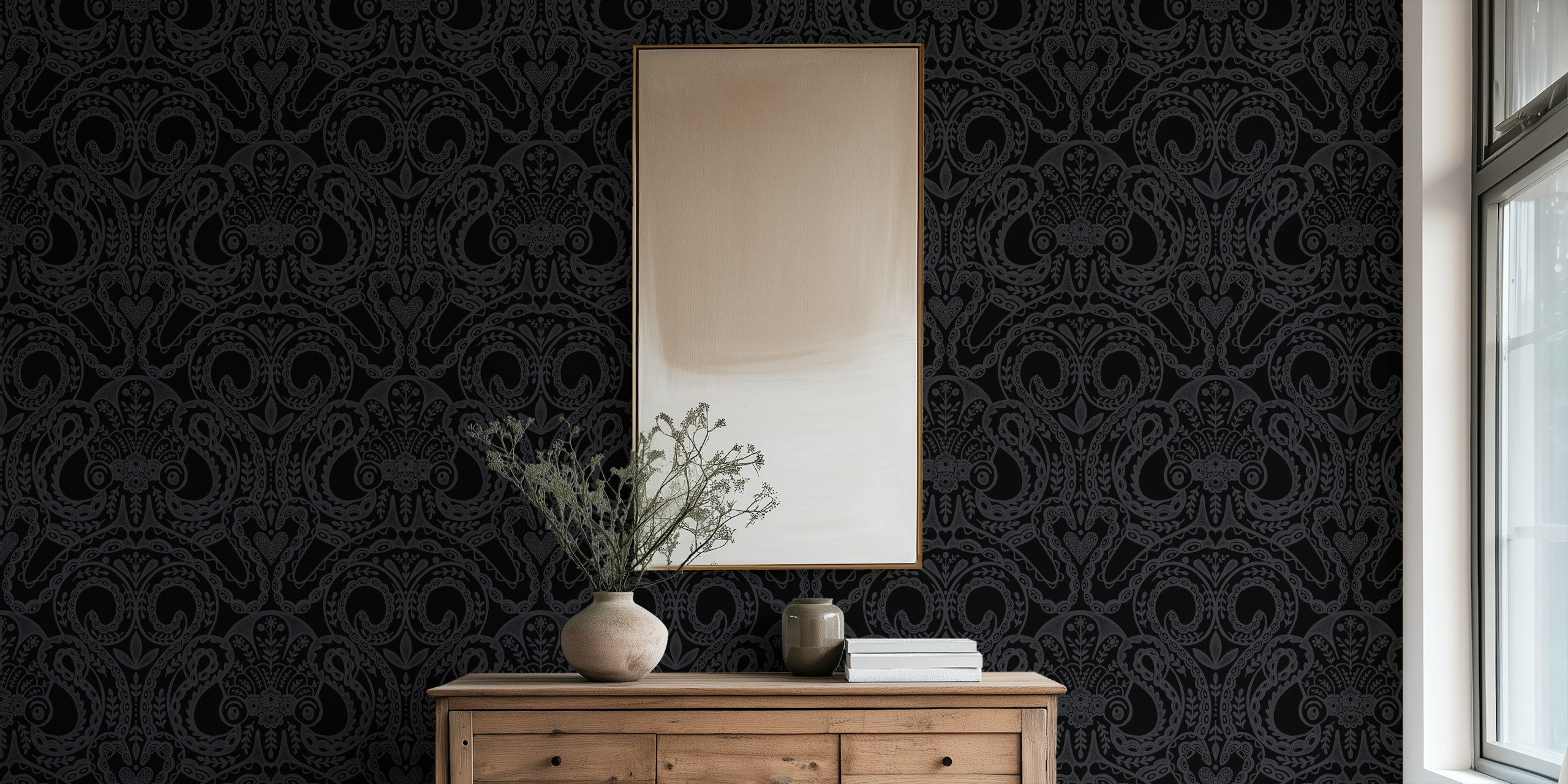 Folk octopus damask black wallpaper in a room