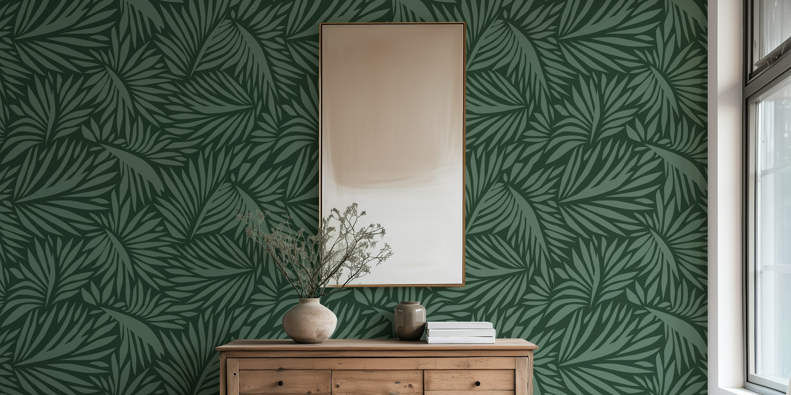 Tropical leaf pattern in dark green tones wallpaper