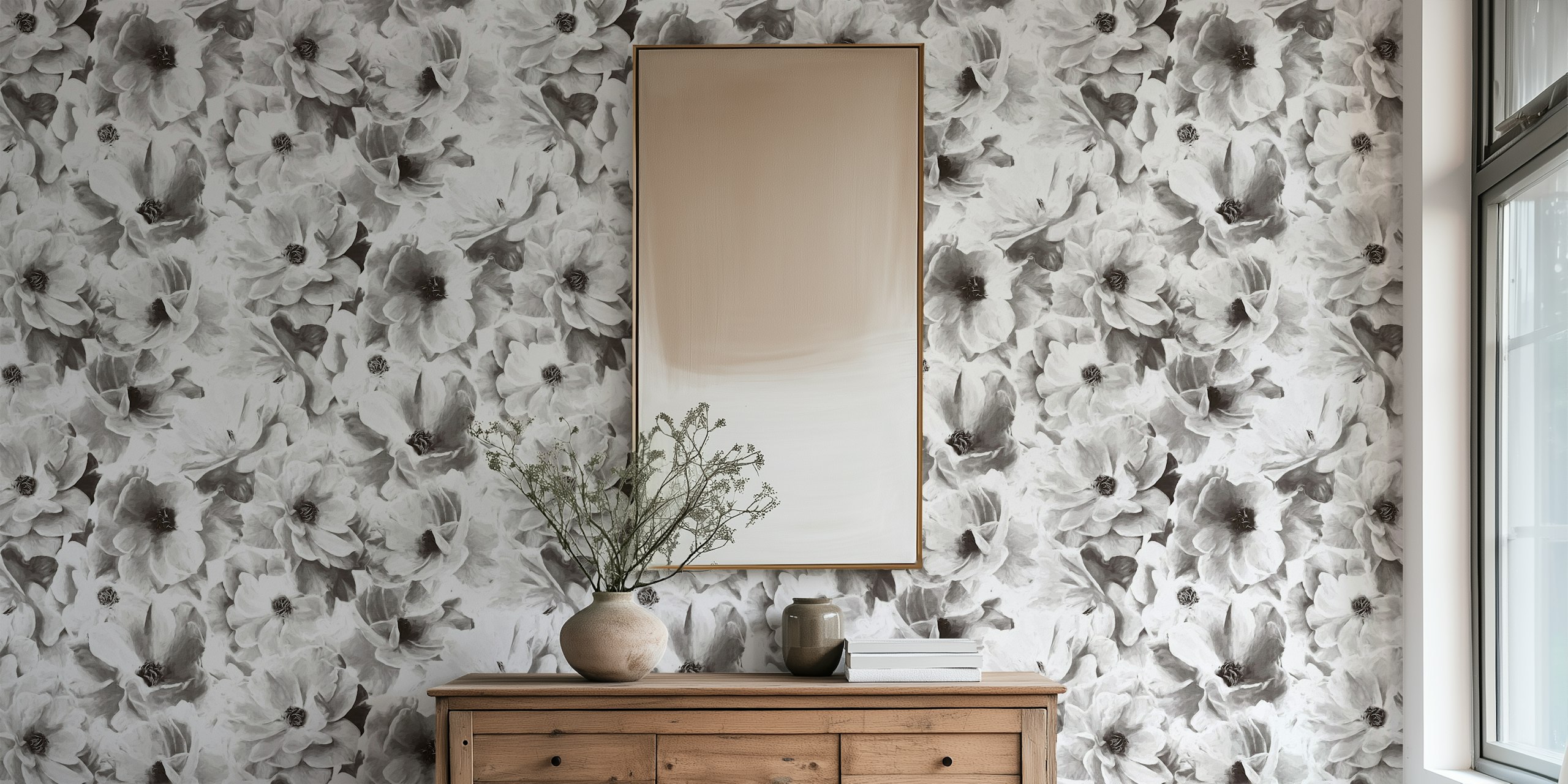 Blooming roses in monochrome black and white wallpaper