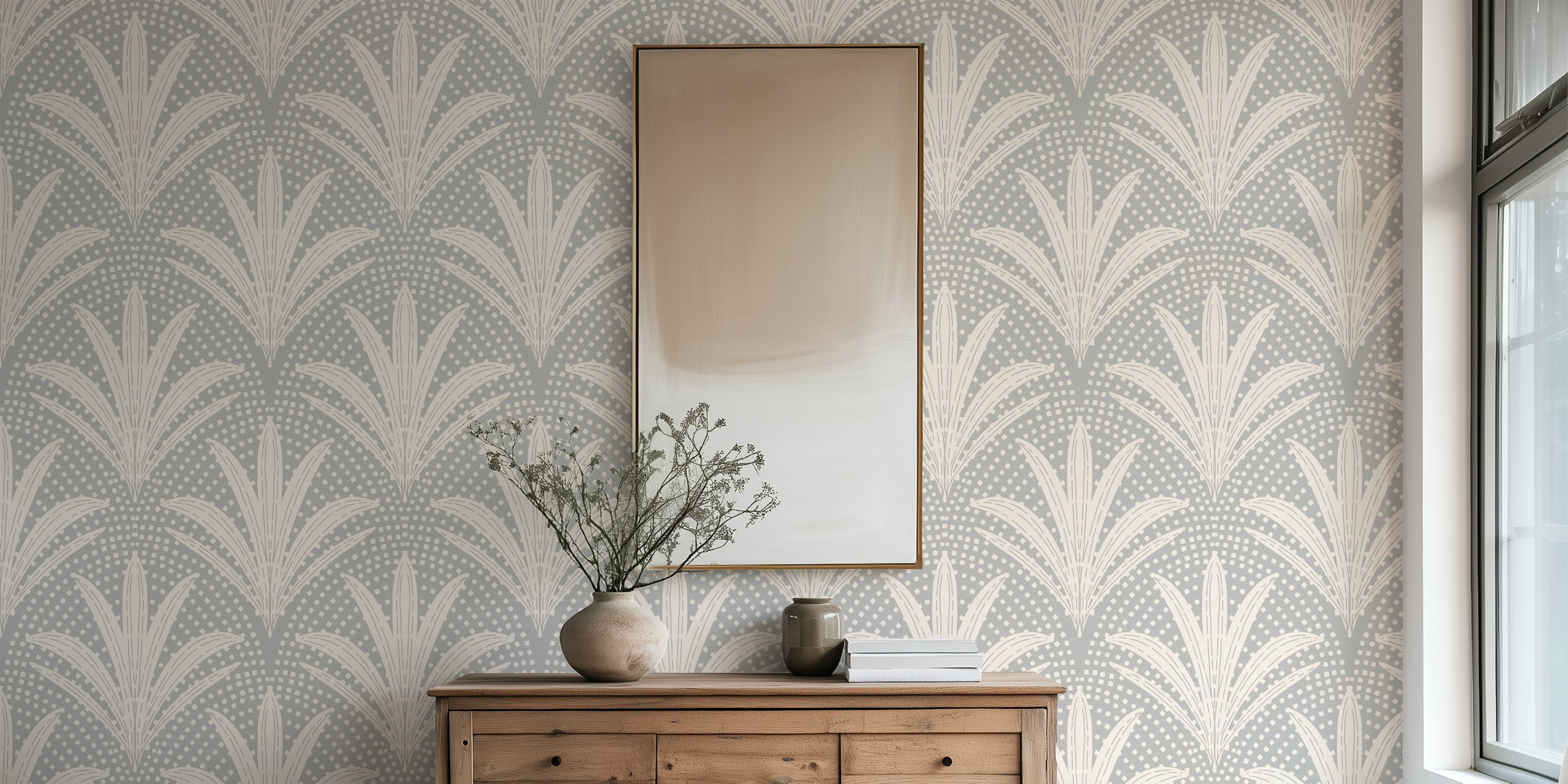 Boho Rustic Palm Radiance Soft Grey wallpaper in a room