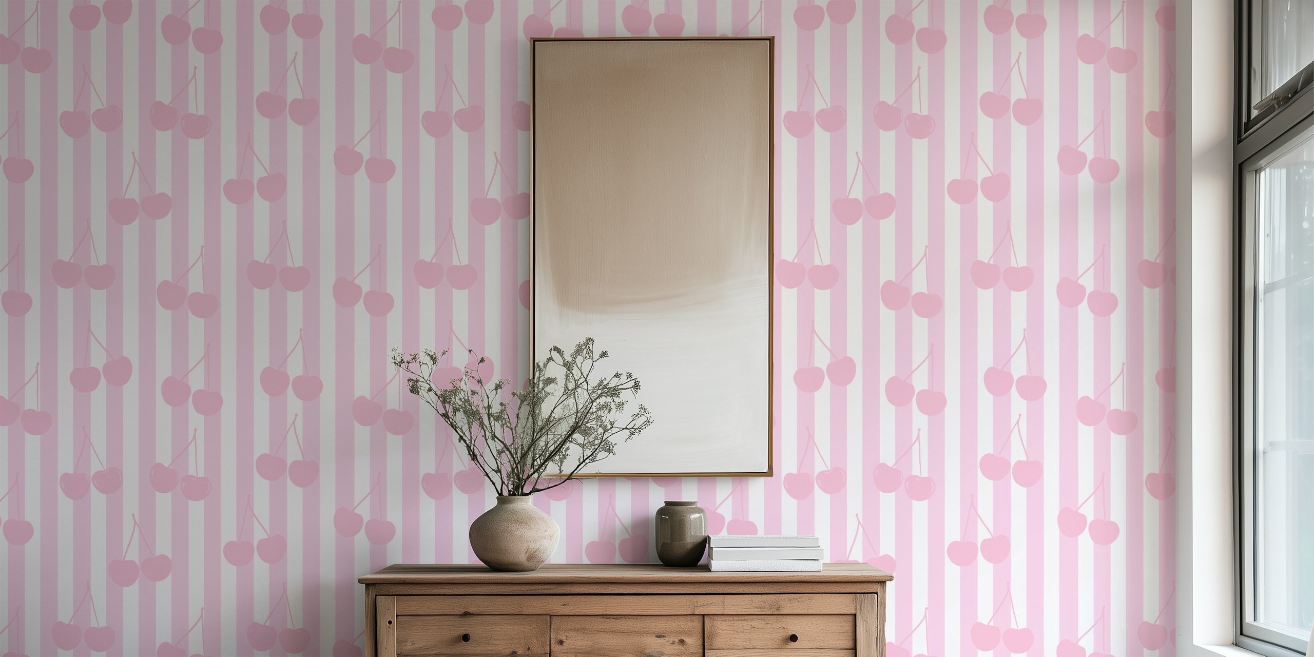 Pink striped wallpaper featuring cherries in soft pink hues