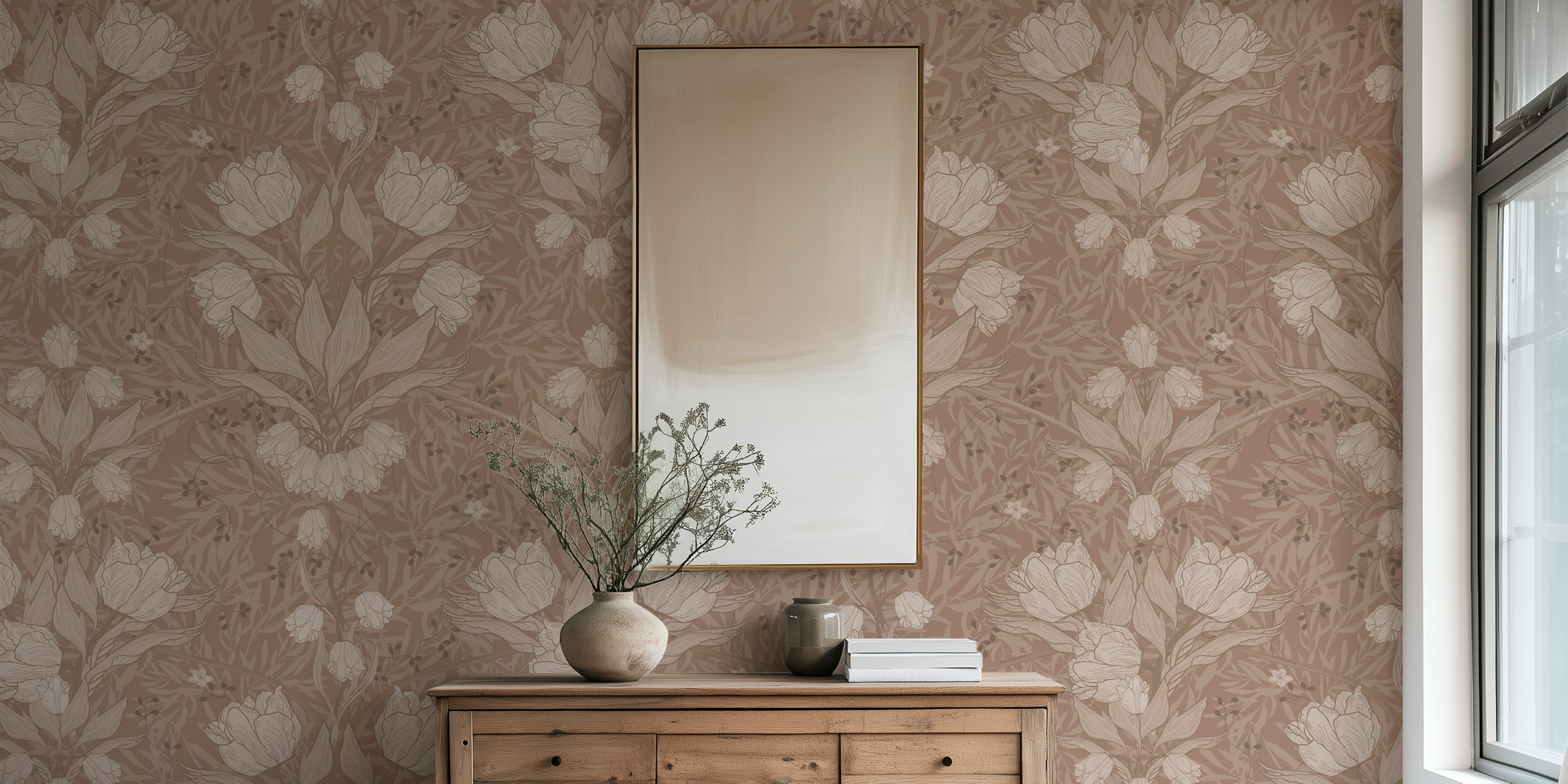 Art Nouveau floral wallpaper featuring tulips in mocca tones