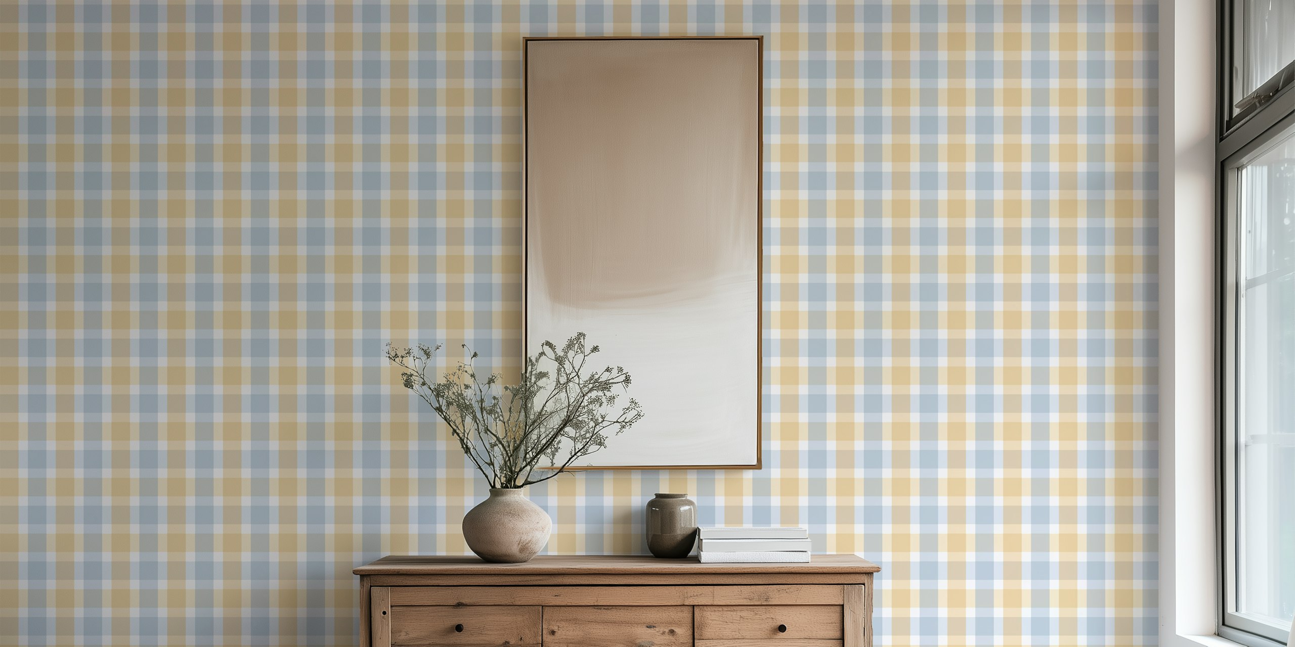 Rustic plaid soft mustard and powder blue wallpaper