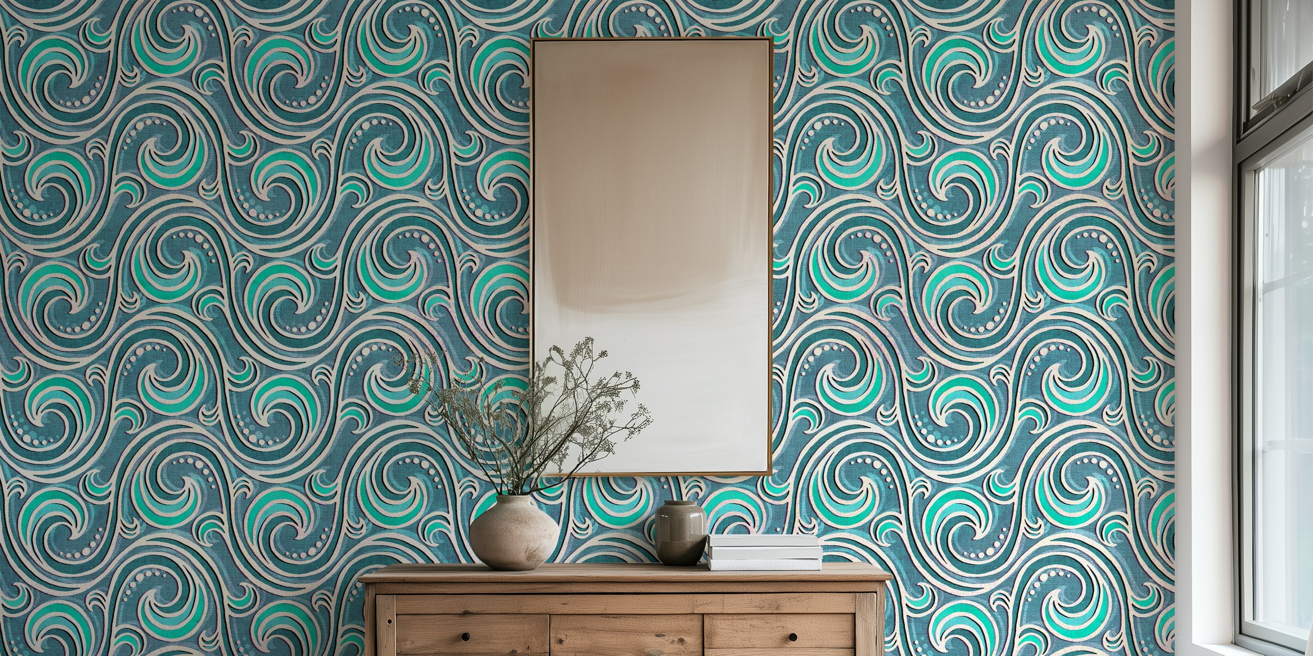 Stylized waves in seafoam teal and white on textured background wallpaper