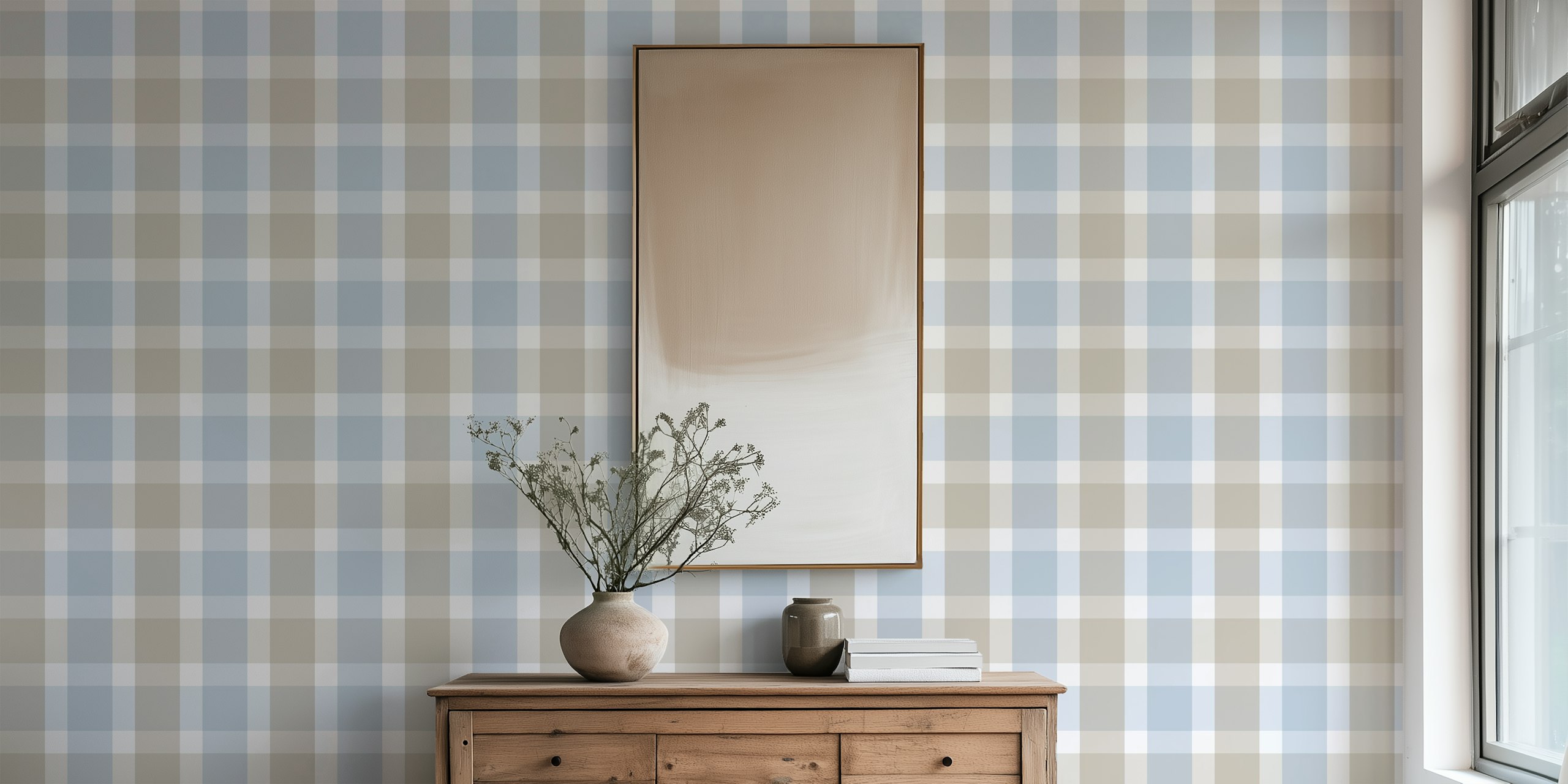 Powder blue plaid pattern wallpaper with beige squares