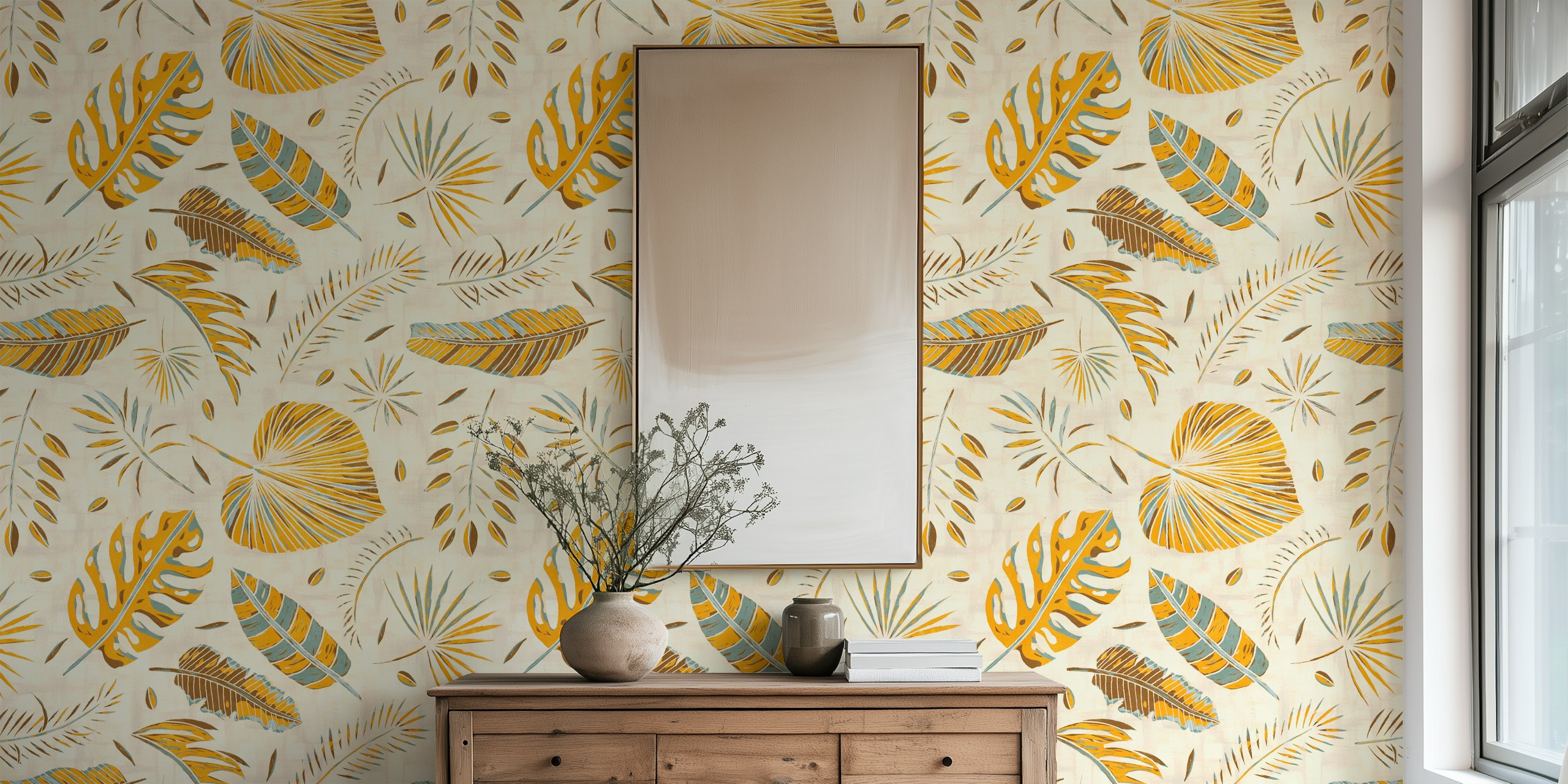 Sunset Palm Leaves yellow and blue wallpaper