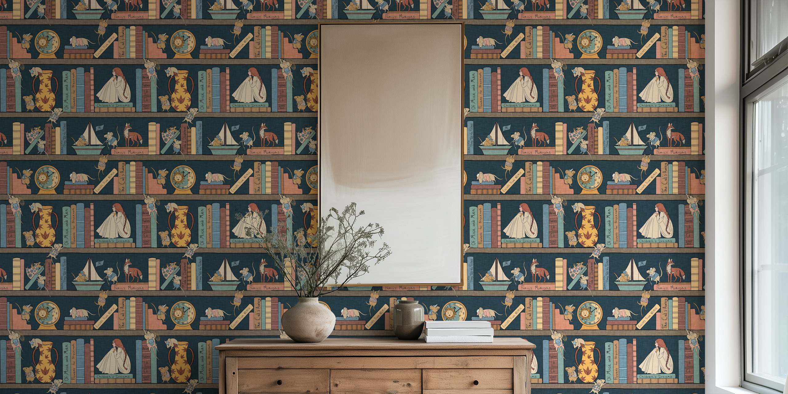 Whimsical wallpaper featuring playful mice and books