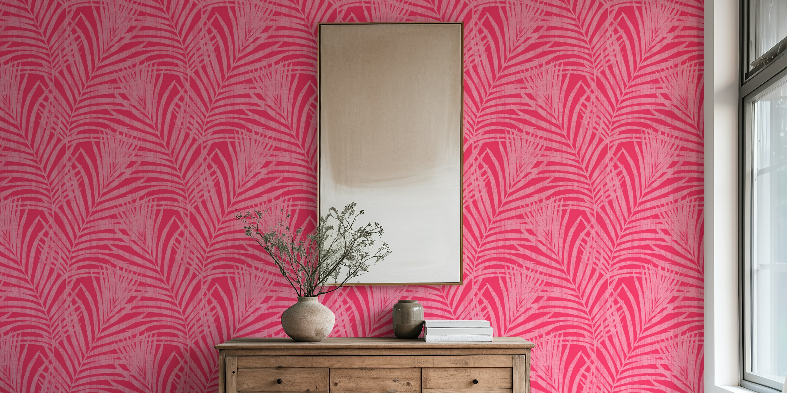 Pink tropical palm leaves in a textured pattern wallpaper