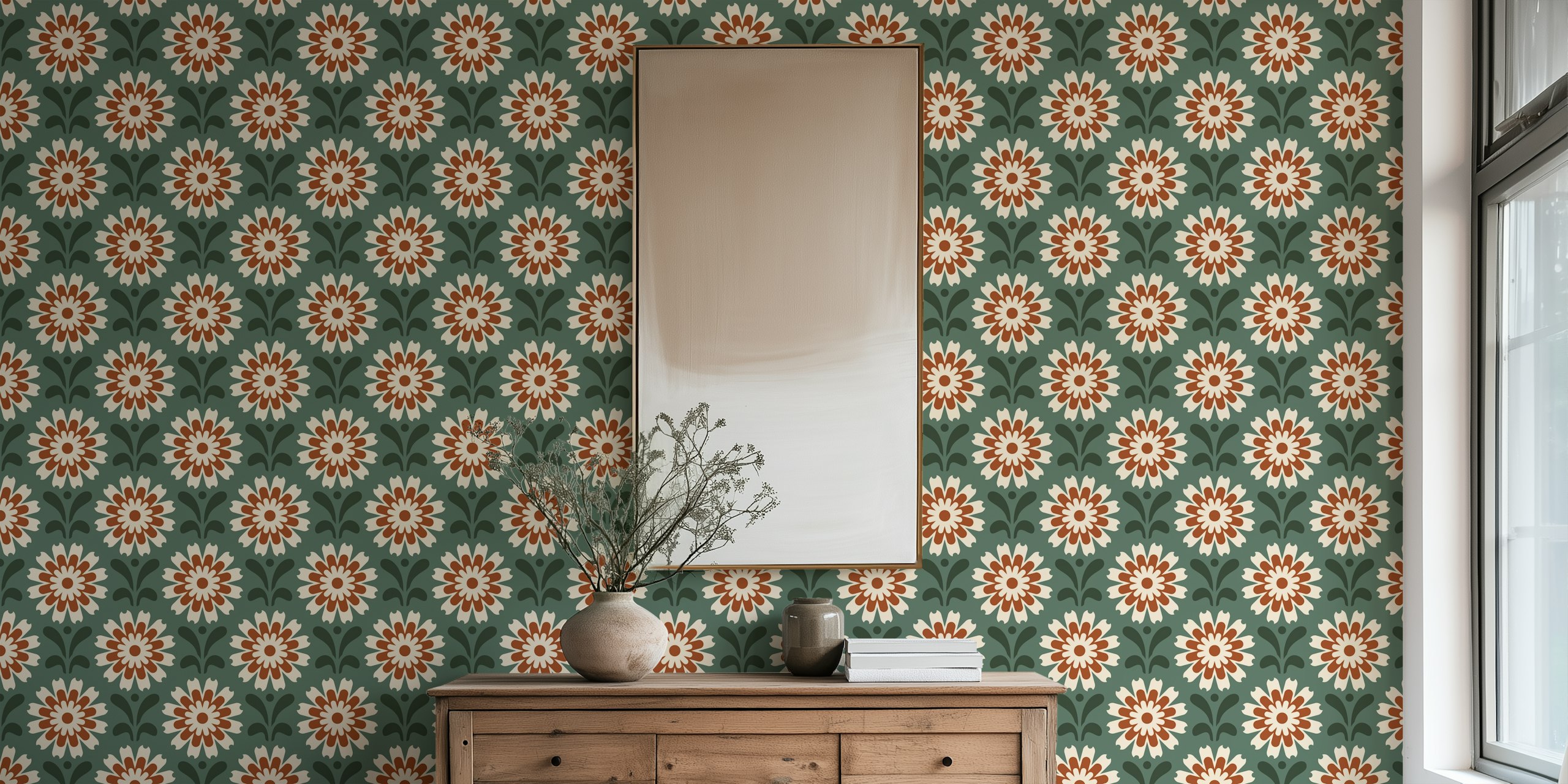 Floral design with green background and red flowers wallpaper